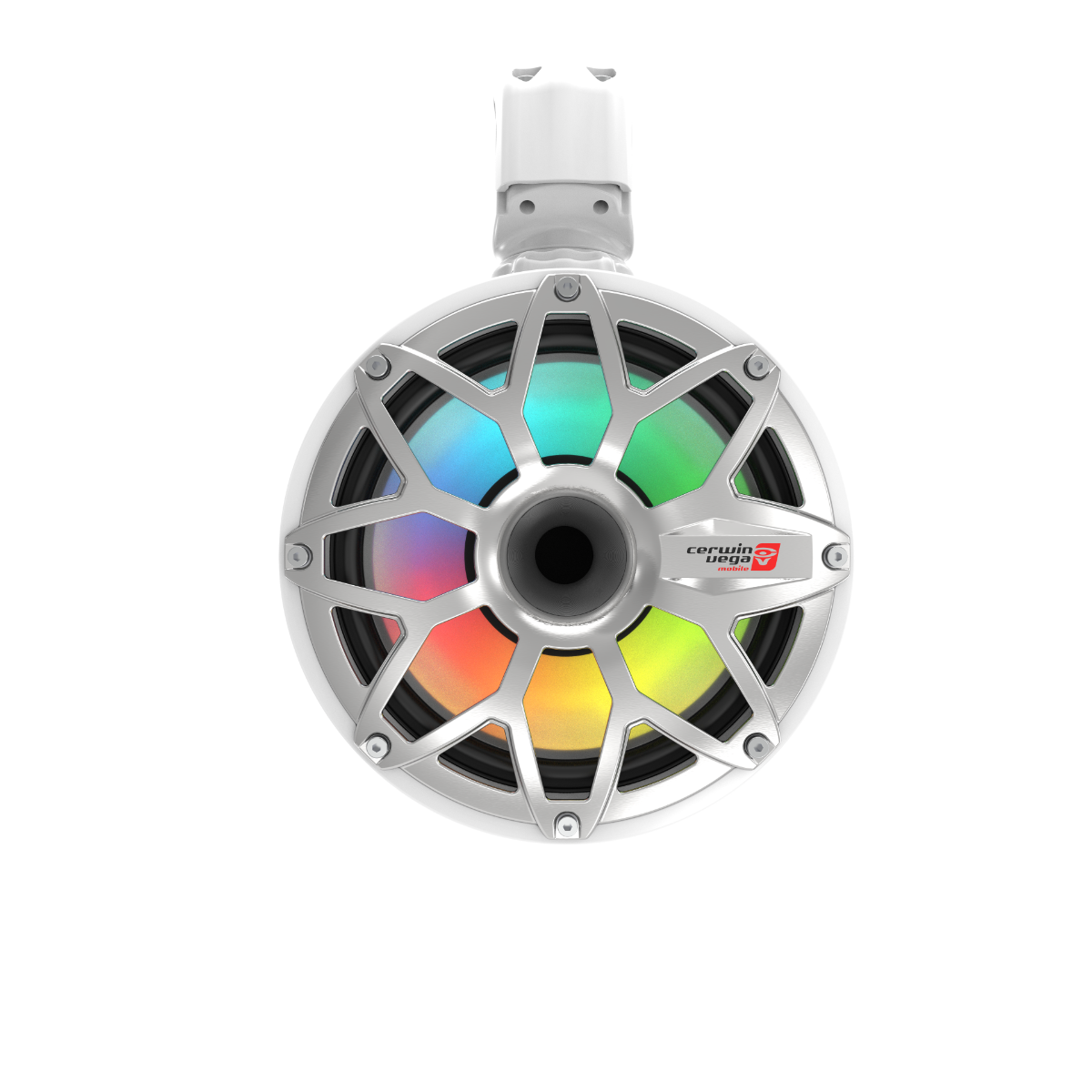 The circular speaker sports a silver grille and vivid multicolored LED lights in RGB. It displays "certified 650 Watts," and features a white top-mounted bracket. The IP65 marine-grade design confirms durability, while it's known as the 2-Way Speaker System with Voice Coil Injection PP Cone Rubber Surround.
