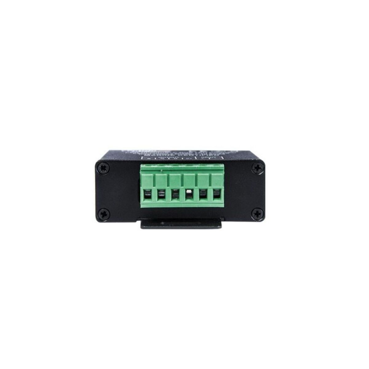 A small black electronic device from Cerwin Vega, the RGB Remote Lighting Controller (RPMRGBLC), is rectangular with six green wire terminals centered. Viewed frontally against a white background, it has four corner screws for mounting.