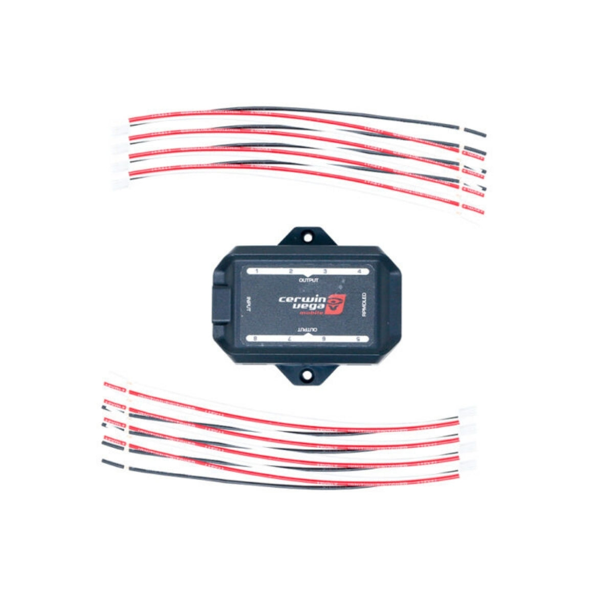 The MAGIC LANTERN LED Digital Remote features the "Cerwin Vega" brand, offering 8 outputs with central connection ports. Surrounded by red and black wires with white connectors, it suggests an advanced audio component or installation kit.