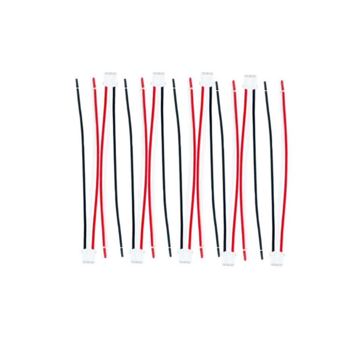 Twelve parallel wire pairs, each with red and black wires, come with clear connectors at both ends on a white background. Ready for connection to the LED Digital Remote Controlled via Phone App (MAGIC LANTERN), 8 Outputs w/ Remote - RPMDLED setup.