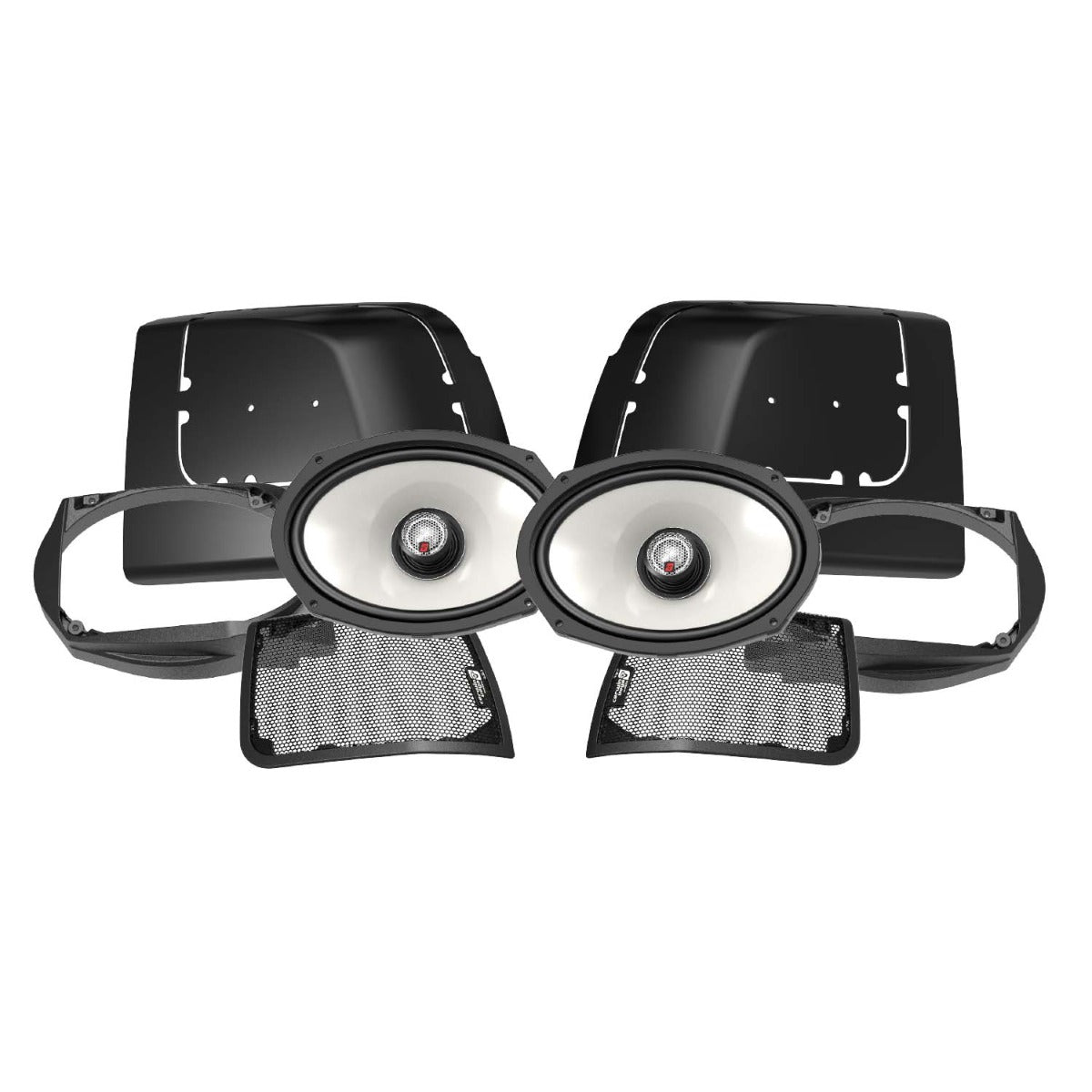 A 2014-2023 Harley Davidson® Cut In Lid Kit with SM69F4 speakers (4Ω) by Cerwin Vega Inc. features metallic cones in black mounts, perforated metal grilles with black plastic frames, and two additional components—all set against a white background.
