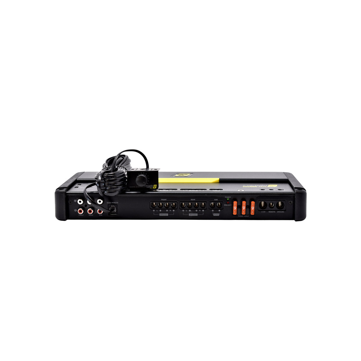 Rear view of the Cerwin Vega Stroker S91100.5D Amplifier, ideal for SPL fans, showcases numerous input/output ports: red/white audio jacks on the left, central connectors/switches, and a coiled power cable on top. A partially visible sticker is included.