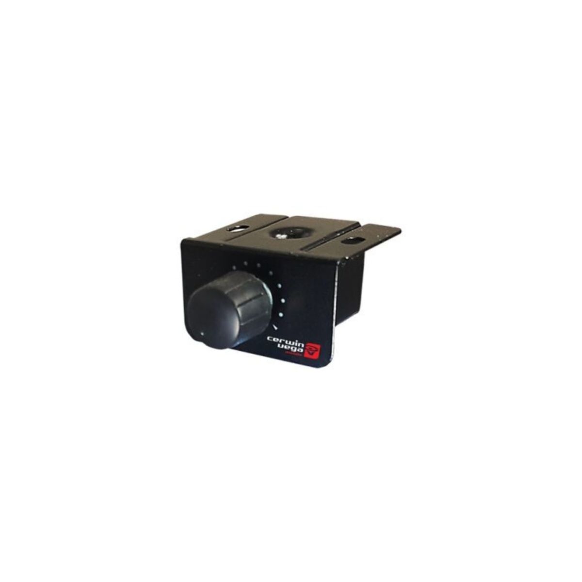 The Stroker 500W RMS Class-D Digital 2 Channel Amplifier-S9500.2D by Cerwin Vega features a black volume control knob on a rectangular metal bracket with slots and screw holes for easy installation, white adjustment markings, and the Cerwin-Vega logo in white and red in the lower right corner.