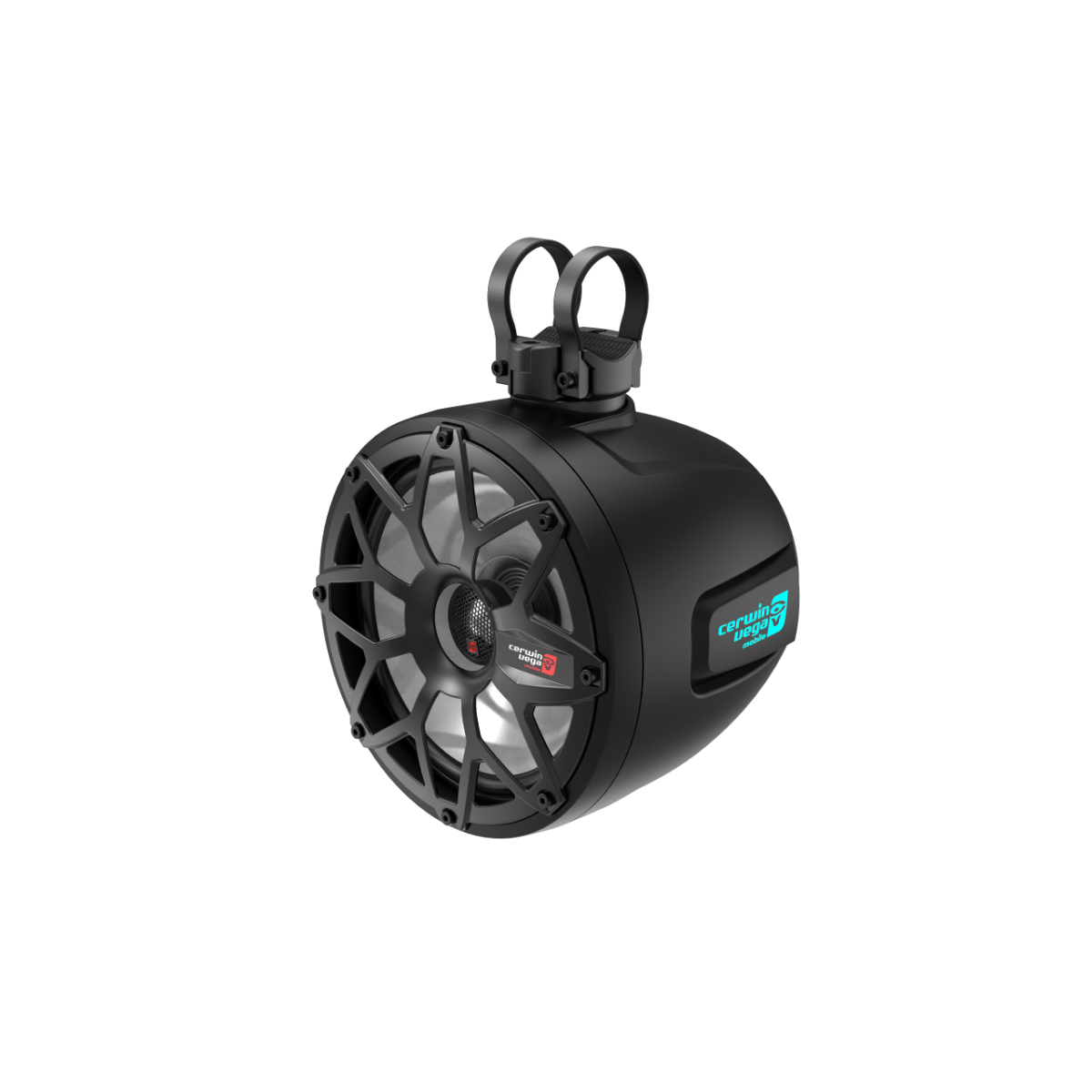 The RPM Stroker 2-Way 8" Pod Speaker System (Pair) - Black - SH8F4B features a sleek, dome-shaped design with marine-grade compliance. Its rugged build includes a plastic grille, dual top mounting brackets, and showcases the red and blue Cerwin Vega logo for a modern look.