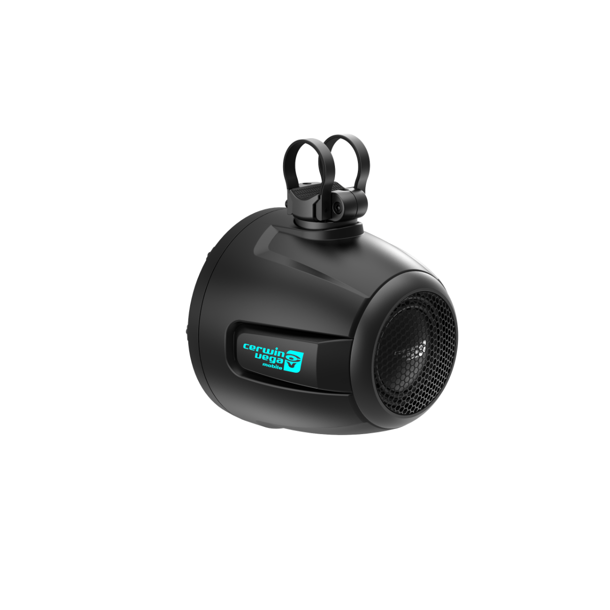 A sleek black RPM Stroker 2-Way 8" Pod Speaker (SH8F4B) with a rounded, modern design and marine grade compliance features a lens-like speaker grille on one side, a small Corum360 logo on the body, and dual mounting brackets for installation. The speakers are elegantly set against a plain white background.