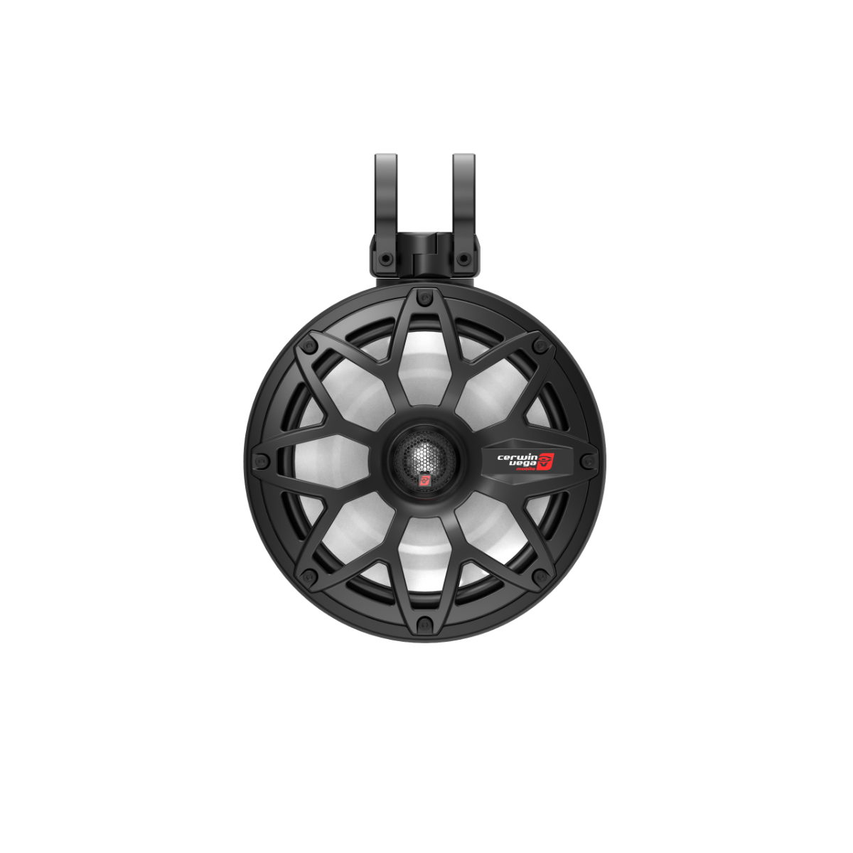 The RPM Stroker 2-Way 8" Speaker System in black features a rugged cylinder design with a silver cone, black spoke grille, marine grade compliance, top mounting bracket, and the "Cerwin Vega" logo in red and black at its center on a white background.