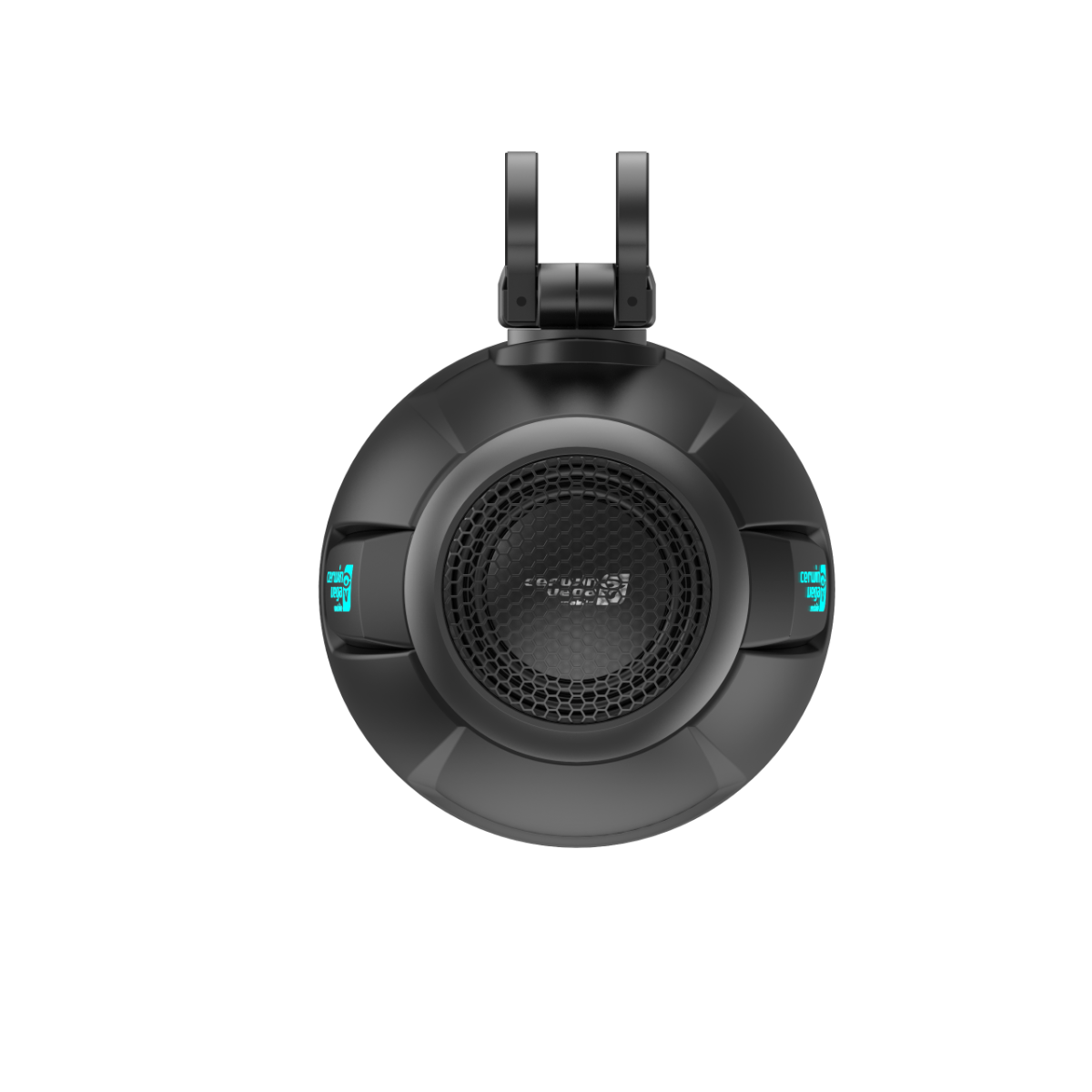 The black RPM Stroker 2-Way 8" Pod Speaker System features a central mesh design and visible braided wires, reminiscent of Cerwin Vega's sleek style. With illuminated text and adjustable hinges, it's perfect for tech enthusiasts seeking comfort and quality sound.