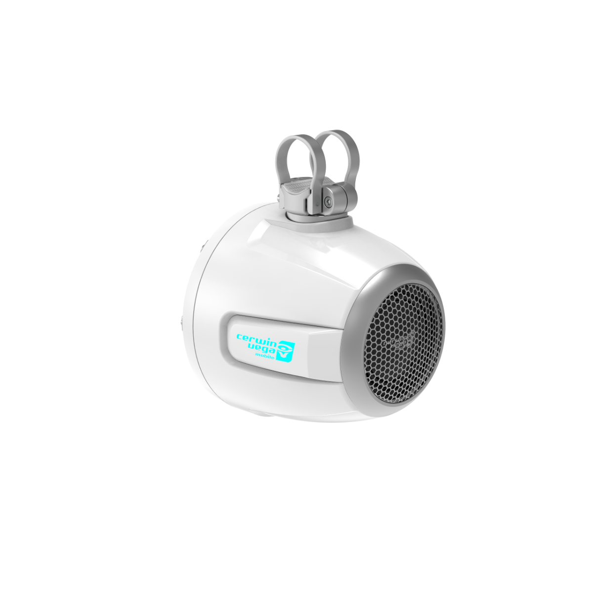 The RPM Stroker 2-Way 8" Pod Speaker System (Pair) in white, SH8F4W, features marine-grade design with a mesh grill and side digital display with a blue logo. It includes top adjustable mounting brackets for easy installation.
