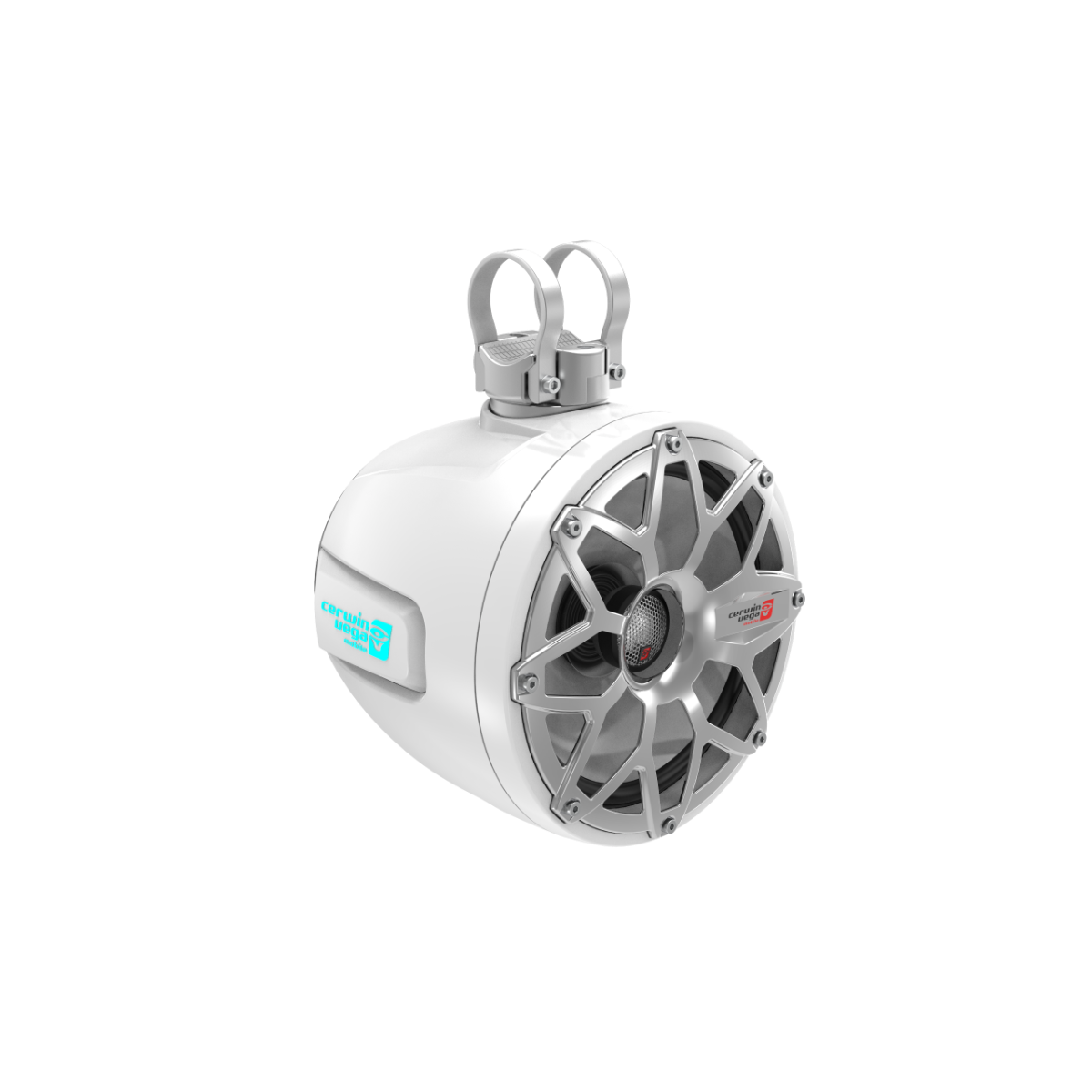 The RPM Stroker 2-Way 8" Pod Speaker System (Pair) - White - SH8F4W is a cylindrical white marine speaker with a silver multi-spoke grille. It features two adjustable brackets for versatile boat or outdoor setups, ideal for RPM Stroker Pod configurations.