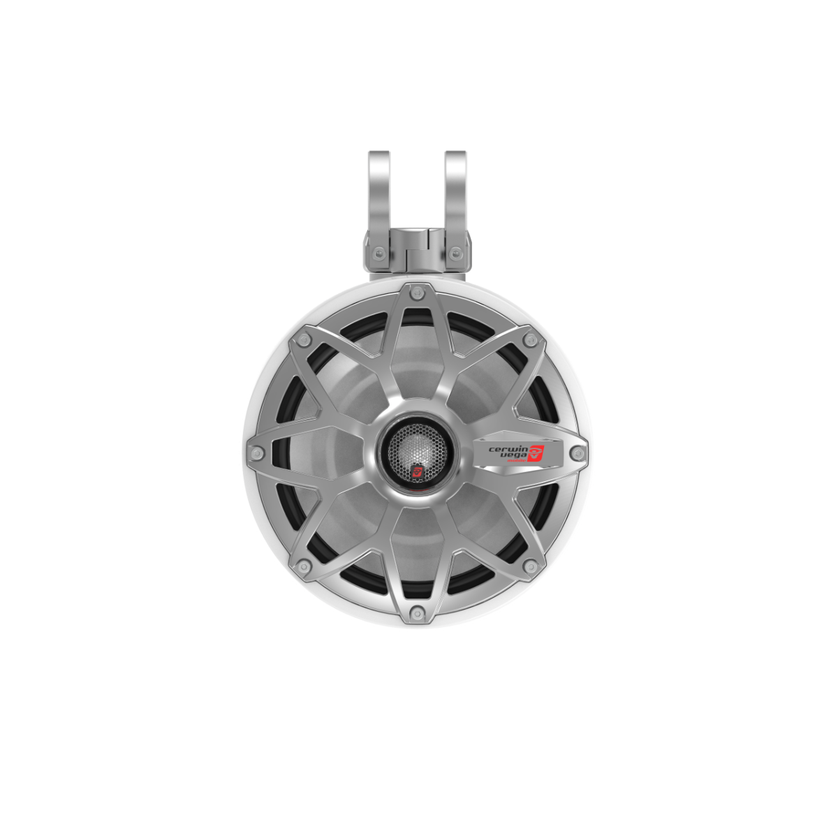 The Cerwin Vega RPM Stroker 2-Way 8" Pod Speaker System (Pair) in White (SH8F4W) boasts a round, gray marine-grade design with a metal grille, black tweeter, silver angular spokes, and red logo. It includes a top mount bracket for outdoor use and delivers RPM Stroker Pod-level performance in rugged conditions.