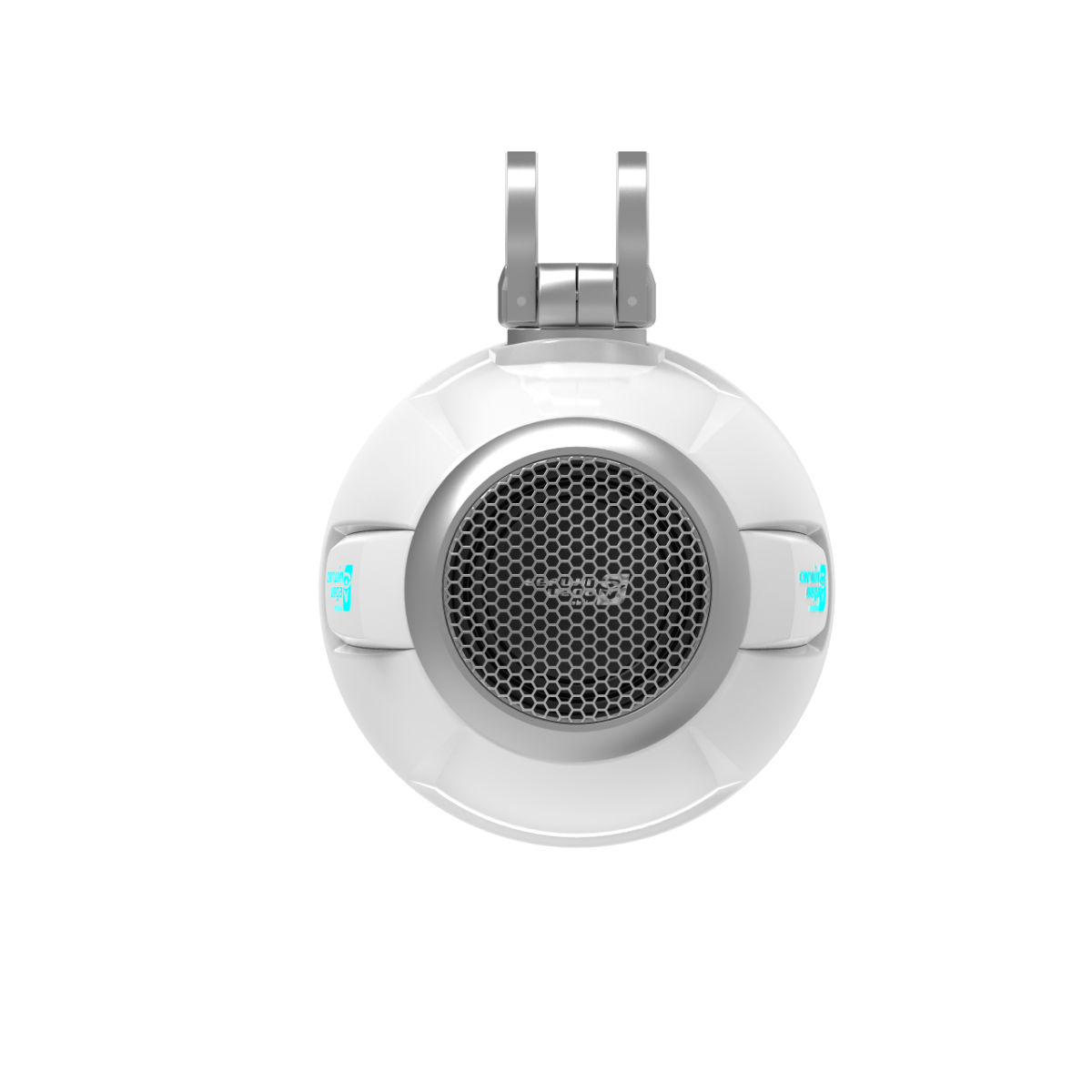 Front view of the white RPM Stroker 2-Way 8" Pod Speaker (SH8F4W) features a circular futuristic design with a mesh grille, metallic frame, and two illuminated blue icons resembling volume controls. It includes a handle-like structure for portability against a black background.