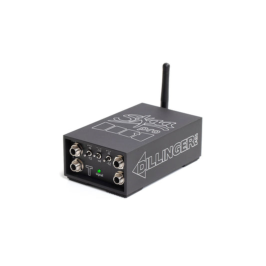 The image showcases the DANI | SKAA PRO™ TRANSMITTER - PL5580, a sleek black wireless audio device offering low-latency transmission. It features four metal jacks, two control knobs, a small antenna on top, and has "SUPRA" and "DILLINGER" elegantly displayed in white on its compact sides.