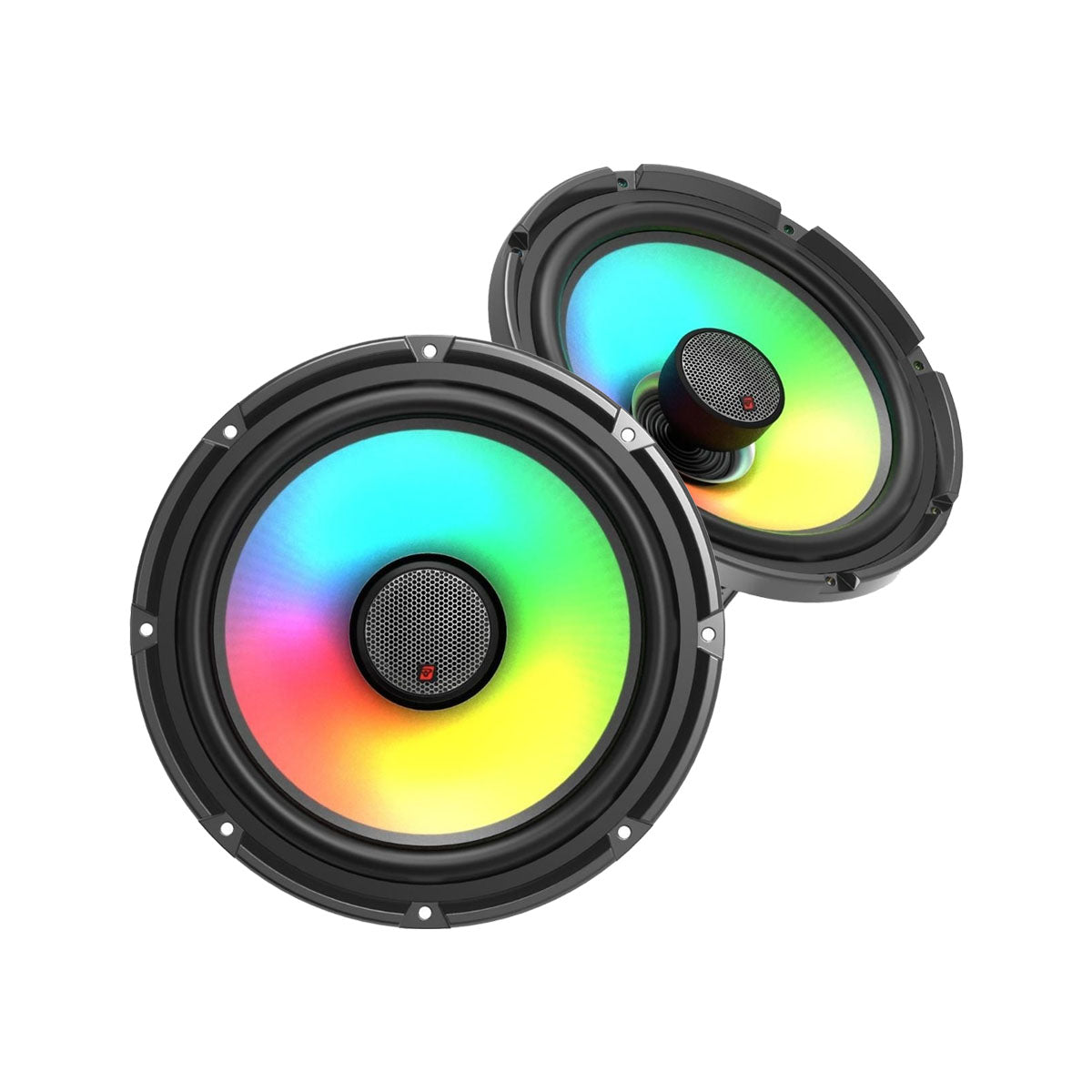 The RPM Stroker SM10F4 features two 10" round speakers with gray frames and black mesh centers, vibrant rainbow gradient LED lighting, and a flush mount 1" titanium dome tweeter. This 2-way speaker system is slightly angled for marine and outdoor use.