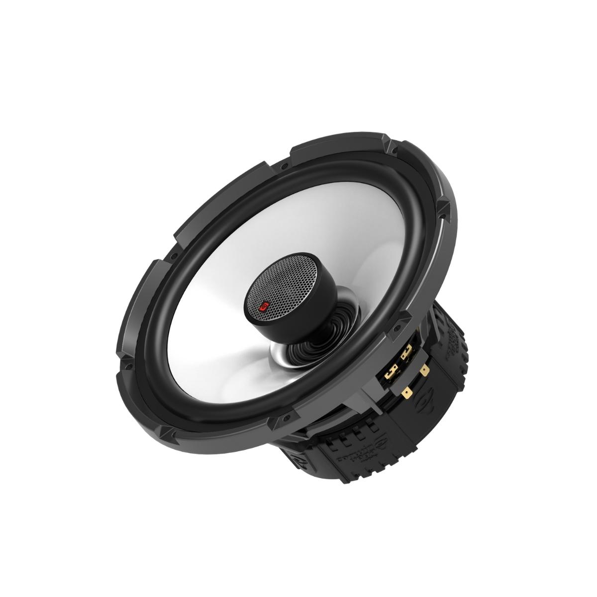 The RPM Stroker SM10F4 is a circular silver and black audio speaker featuring a metallic cone and flush mount 1" titanium dome tweeter. Designed for marine and outdoor use, it has a weather-resistant black casing, multiple ventilation slots, and gold connection terminals, slightly tilted on a white background.