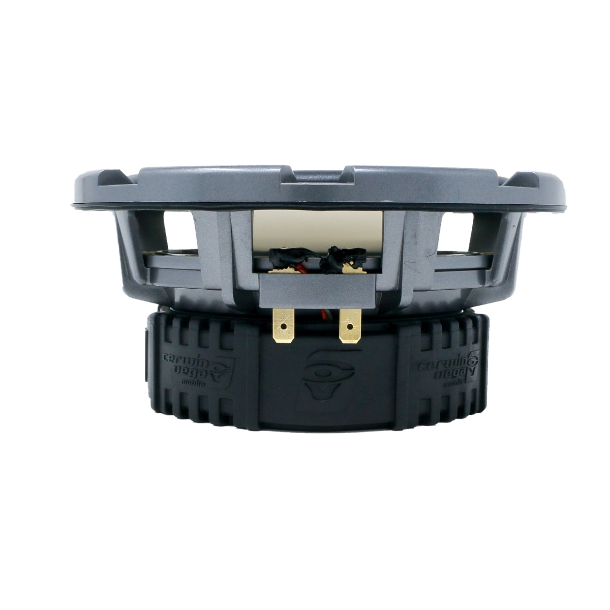 Side view of the RPM Stroker 2-Way 6.5" Speaker SM65F4 with a gray frame and visible wiring, featuring a flush mount, vented round design. It has an embossed magnet at the bottom and two central gold-colored connection terminals.