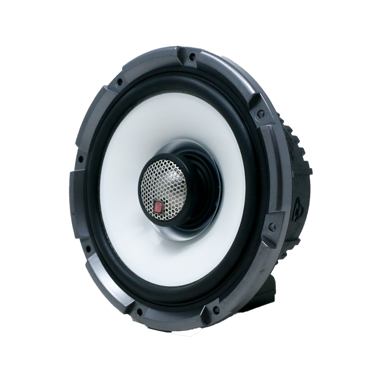 The RPM Stroker SM65F4 is a modern 2-way speaker system featuring a silver metal grille, white cone with black edge, and rugged gray weather-resistant frame. It includes a flush mount 1" titanium dome tweeter and a small branded logo, combining technical prowess with sleek aesthetics.