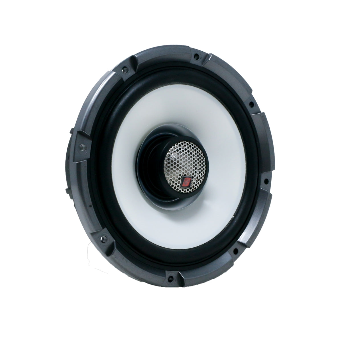 Close-up of an RPM Stroker SM65F4 2-way speaker shows a round design with black casing, white cone, and central silver mesh on the logo. Its modern aesthetic is enhanced by visible screws, balancing style and function.