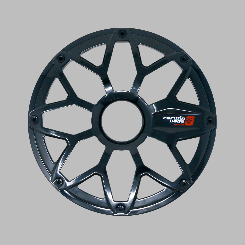 A glossy black RPM Stroker 6.5” flush mount speaker grill displays a geometric multi-spoke design with a central opening, resembling a car hubcap. It features the "cerwin vega" logo and red emblem on one spoke against a plain gray background.