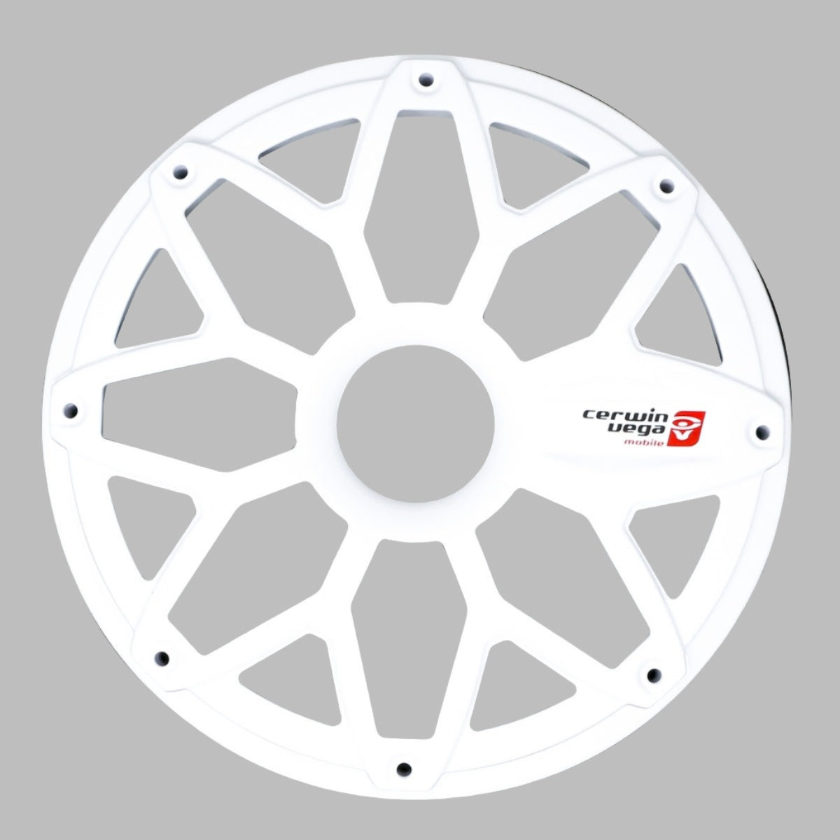 The RPM Stroker 6.5” Flush Mount Speaker Grill features a white circular design with a star-like pattern, perfect for 6.5" speakers, and includes the red and black "Cerwin Vega" logo in the lower right segment. Small screw holes along the gray perimeter facilitate flush mount applications.