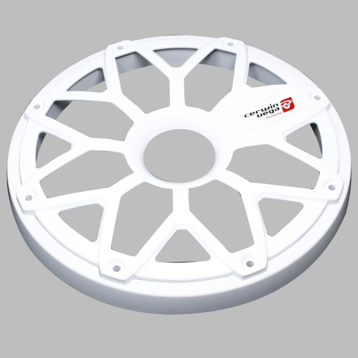 The RPM Stroker 6.5” Flush Mount Speaker Grill, Pair features a white rim cover with an intricate geometric design of angled, web-like spokes, resembling a Cerwin Vega speaker grill. Its light gray background accentuates the structure and craftsmanship.