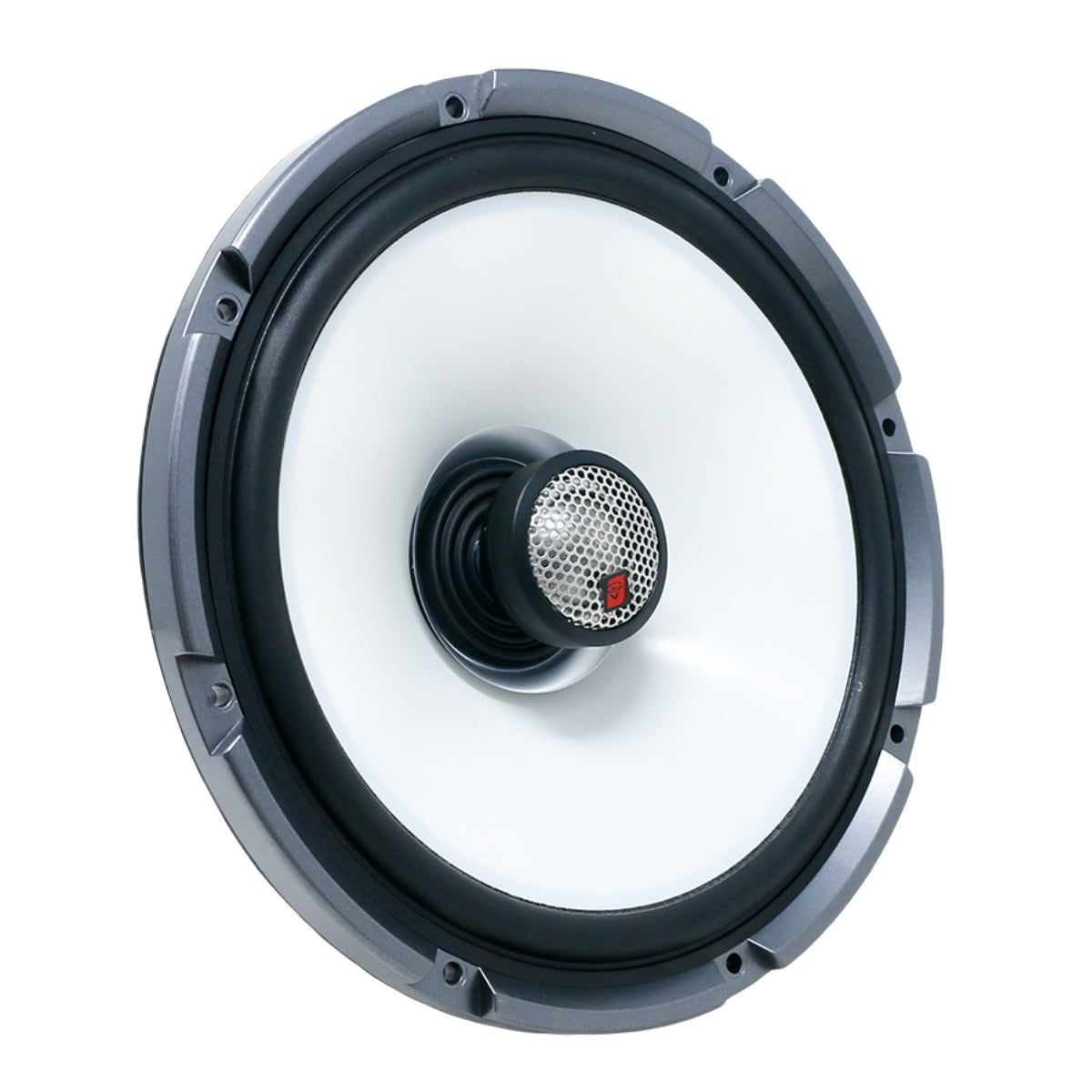 Close-up of an RPM Stroker SM8F4 2-way 8" speaker with silver frame, white central cone, and a textured titanium dome tweeter. A label displaying the number seven is attached to the dome, with multiple mounting holes around the edge, ideal for marine environments.