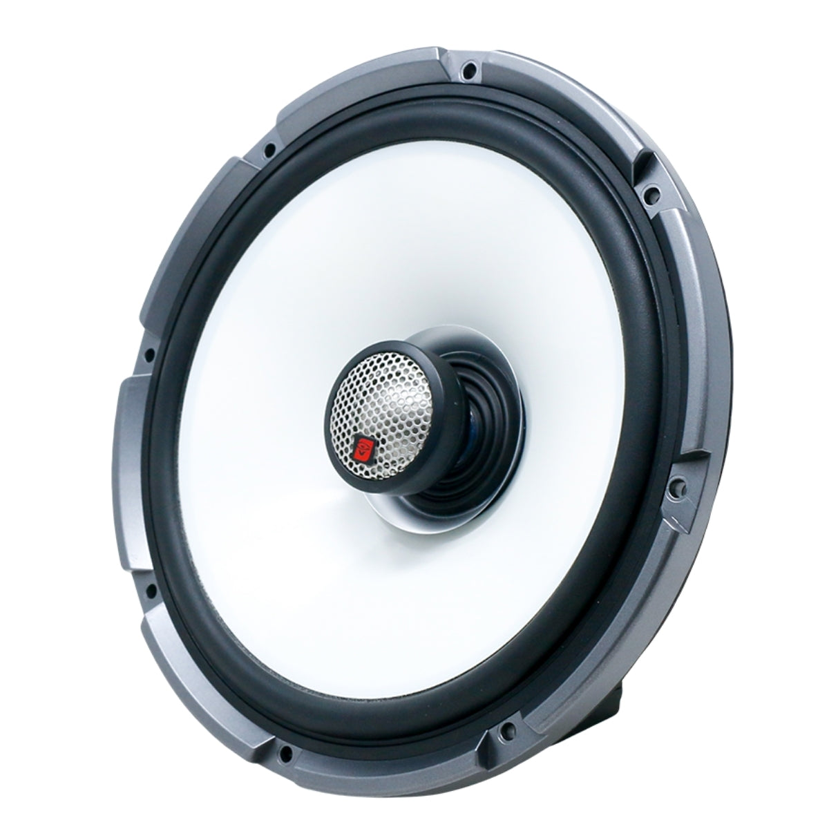 The RPM Stroker SM8F4 2-Way 8" Speaker showcases a white cone with a black rubber surround and features a centrally positioned perforated silver metal dome. Its sleek design and metallic finish stand out against the plain white backdrop, ideal for marine environments.