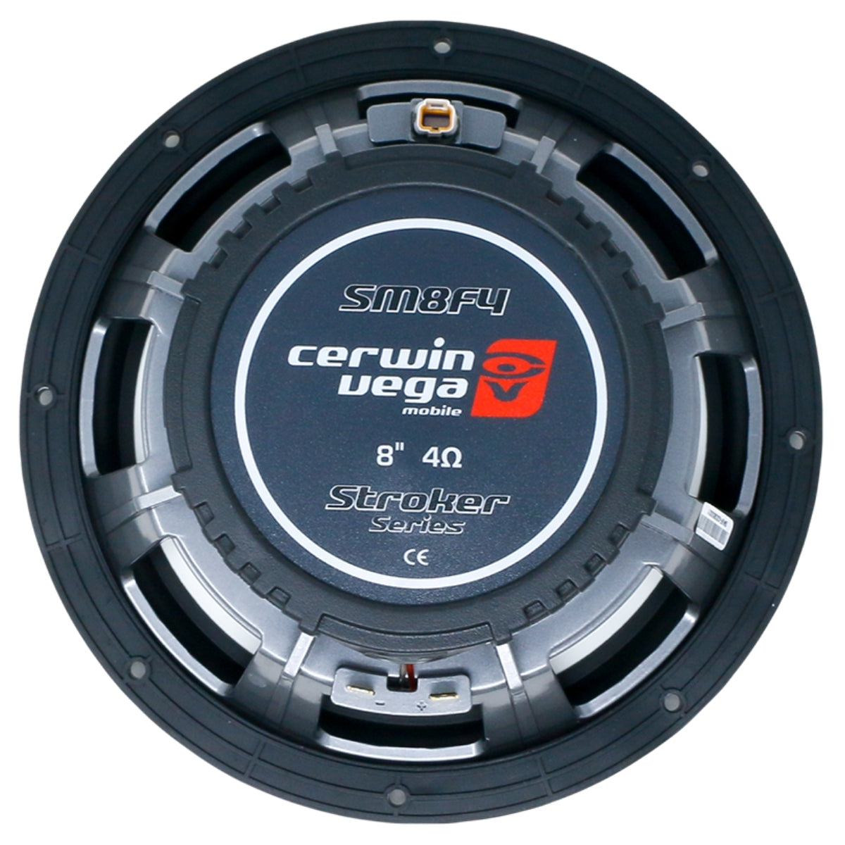 The image shows a RPM Stroker 8" mobile subwoofer with a 1" titanium dome tweeter, model SM8F4. This gray and black speaker, suitable for marine use, features a circular design with visible mounting holes and connectors in a 4-ohm configuration.
