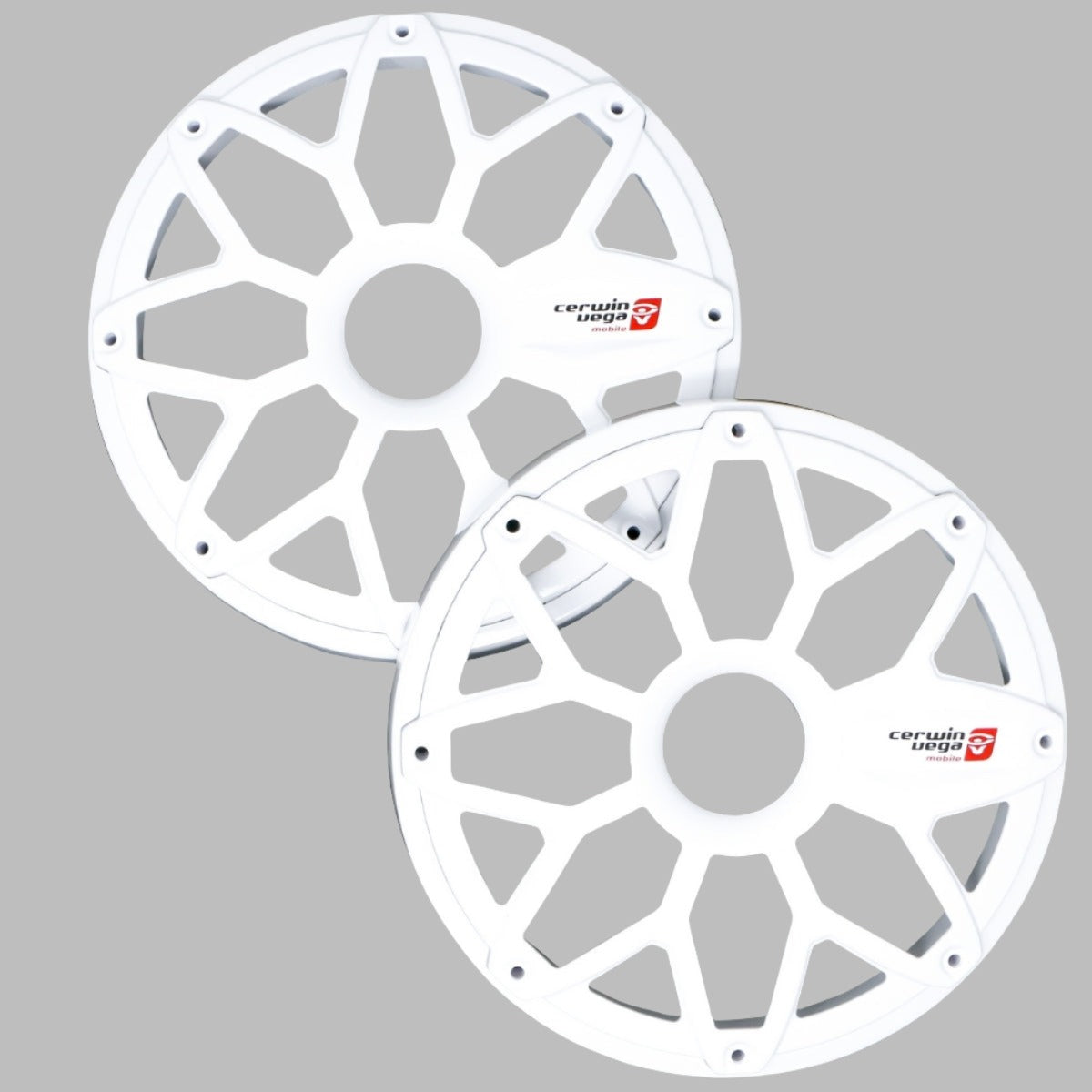 Against a gray background are two white RPM Stroker 8” Flush Mount Speaker Grills with multi-spoke design, central circular openings, and the "Cerwin Vega" logo in red and black on one spoke.