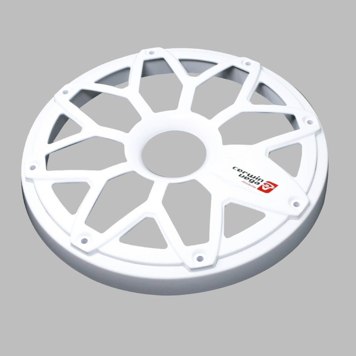 The RPM Stroker 8" Flush Mount Speaker Grill is a white, round plastic cover with a geometric nine-spoke design and central circle opening. It resembles an 8" speaker grill and has small bolt holes around the edges, featuring a red and black RPM STROKER logo on one of the spokes against a light gray background.