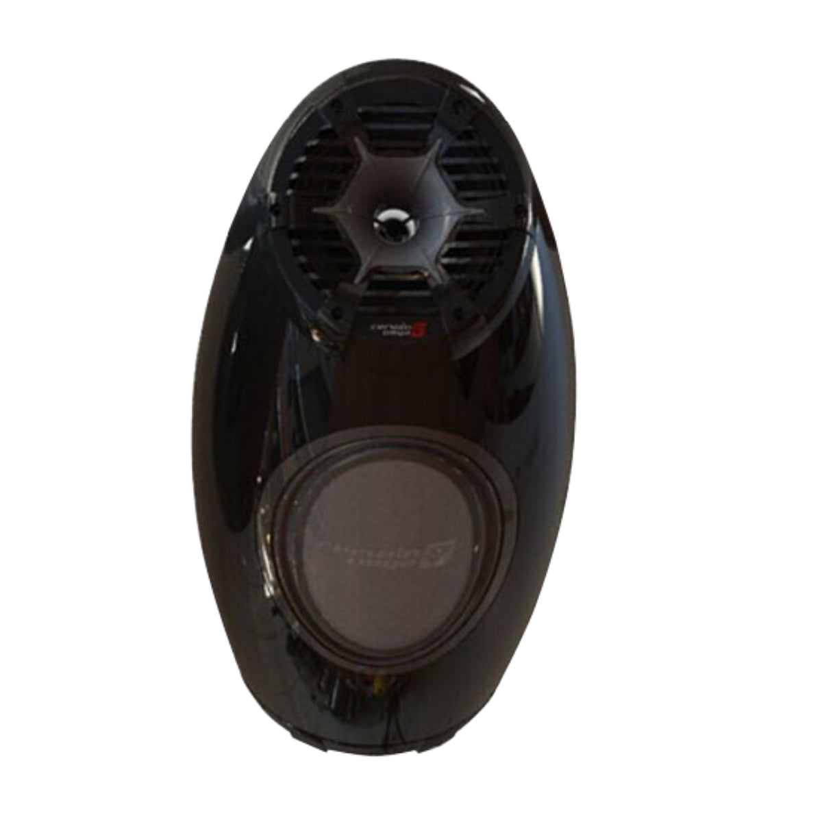 The RPM STROKER 1" PRO Marine Tower Kit is a black, oval car audio speaker with a large bottom grille and a star-shaped top grille. Its glossy finish reflects light, with "Crunch" on the front, resembling a sleek marine wakeboard tower speaker design.