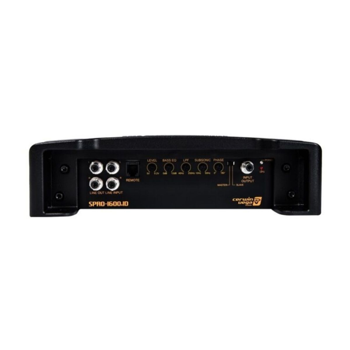 The image shows the rear of a black Cerwin Vega Stroker Pro 1600W RMS Class-D Mono Amplifier (SPRO1600.1D), perfect for SPL fans, featuring numerous input/output ports and control knobs for levels, bass EQ, LPF, subsonic filter, and phase. The Cerwin-Vega logo and "SPRO-1600.ID" text are displayed on it.