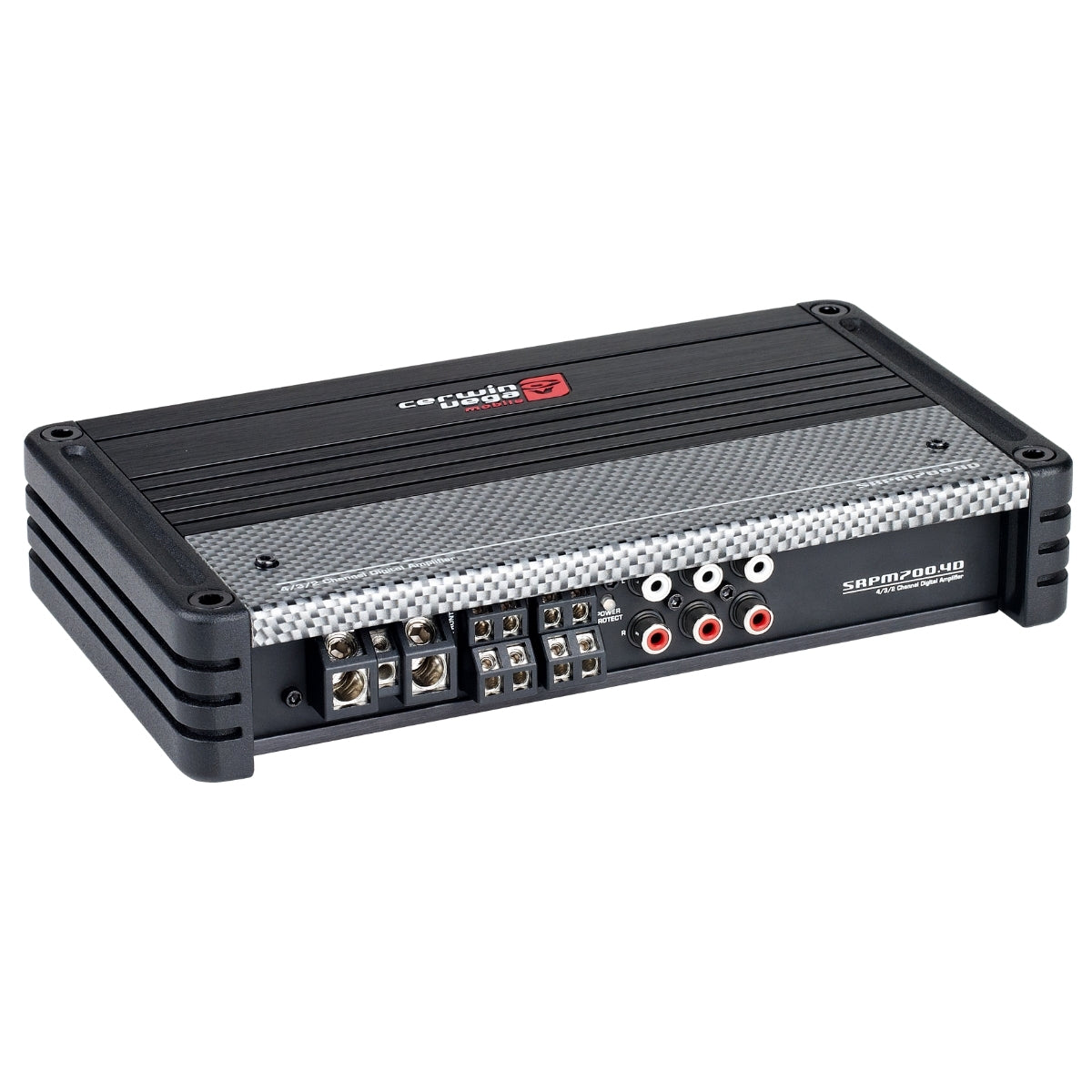The SRPM700.4D, a black and silver amplifier from the SRPM Stroker Series, features multiple input/output ports, several terminals, and RCA connectors. Its top displays a textured pattern with the Cerwin Vega logo, embodying a sleek and modern design.