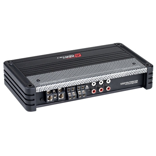 The SRPM700.4D, a black and silver amplifier from the SRPM Stroker Series, features multiple input/output ports, several terminals, and RCA connectors. Its top displays a textured pattern with the Cerwin Vega logo, embodying a sleek and modern design.
