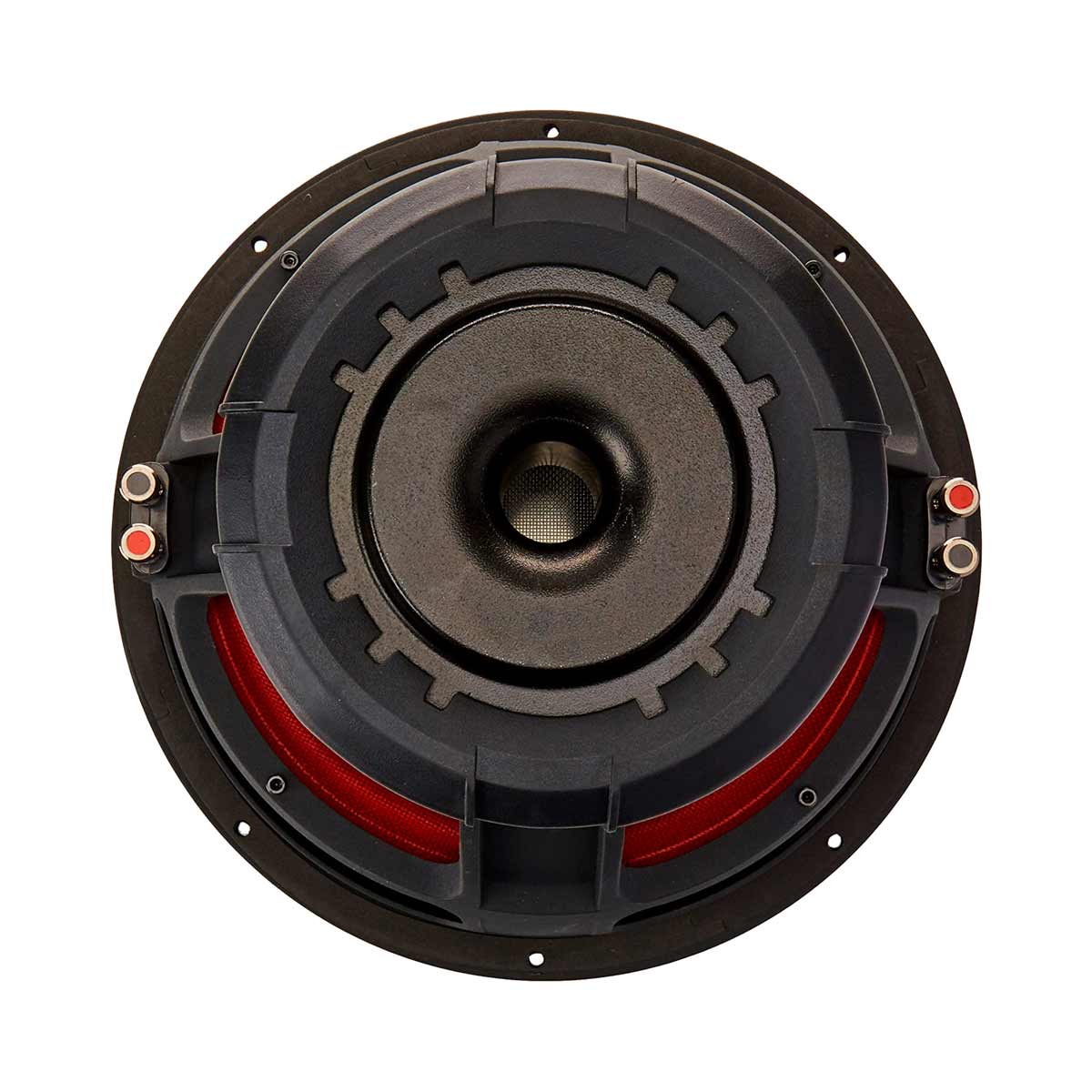 Close-up of the black STROKER Series 12" Subwoofer - ST124D, featuring a central cone and red accents. Known for car audio performance, its textured shell has two red/black terminals on the left, offering a sleek industrial aesthetic.