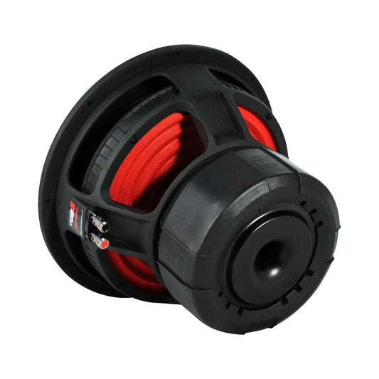 Discover the STROKER Series 12 Inch Subwoofer (ST124D), a black and red powerhouse with a large cone, robust casing, circular vent on the rounded back, and sturdy frame with vibrant red accents contrasting beautifully against its dark exterior for exceptional car audio performance.