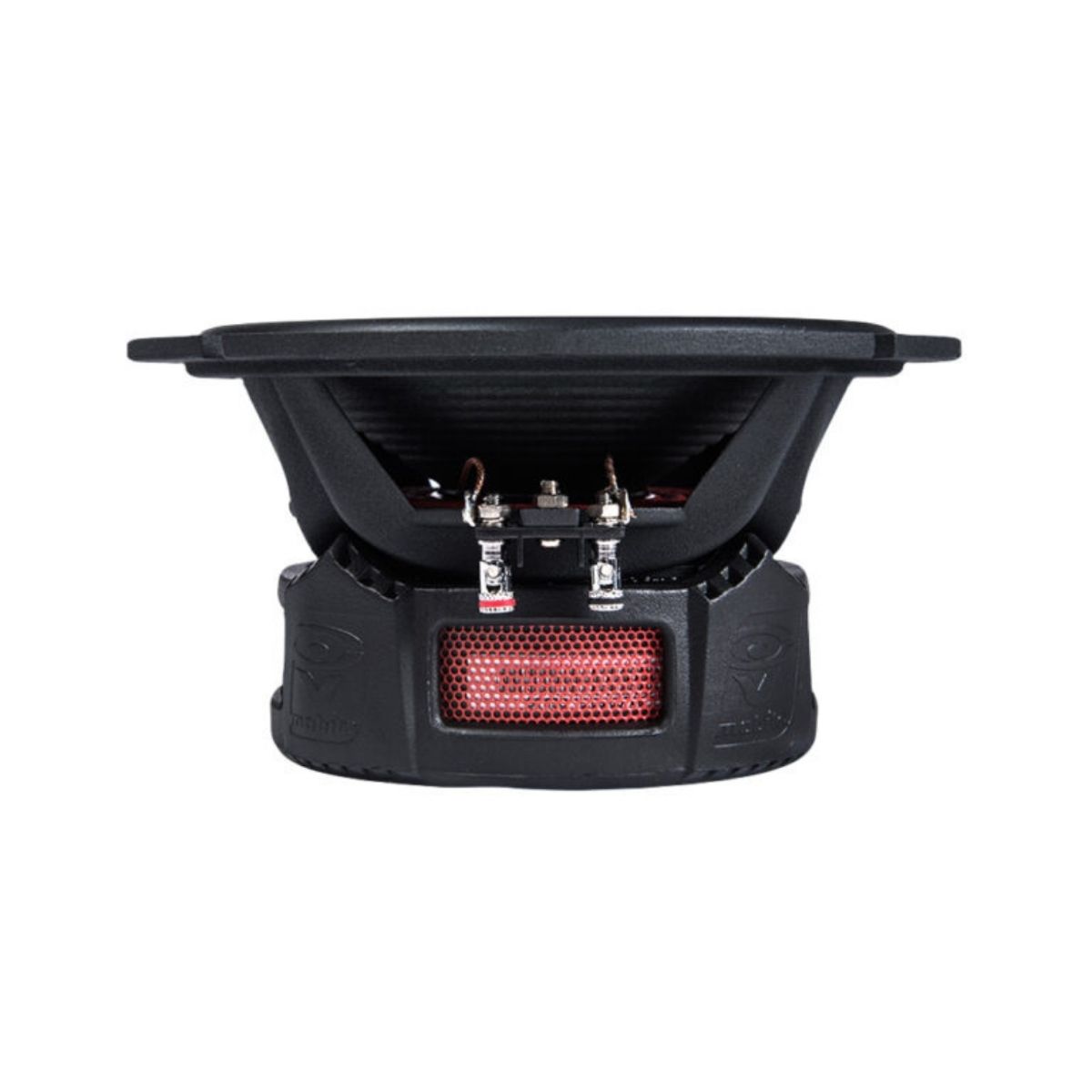 The Stroker 6.5" 2-Way Component Speaker Set - ST65C is shown in profile, emphasizing its structure with a flared black cone and robust base. Red mesh at the back and silver connection terminals highlight its high-performance car audio capabilities.