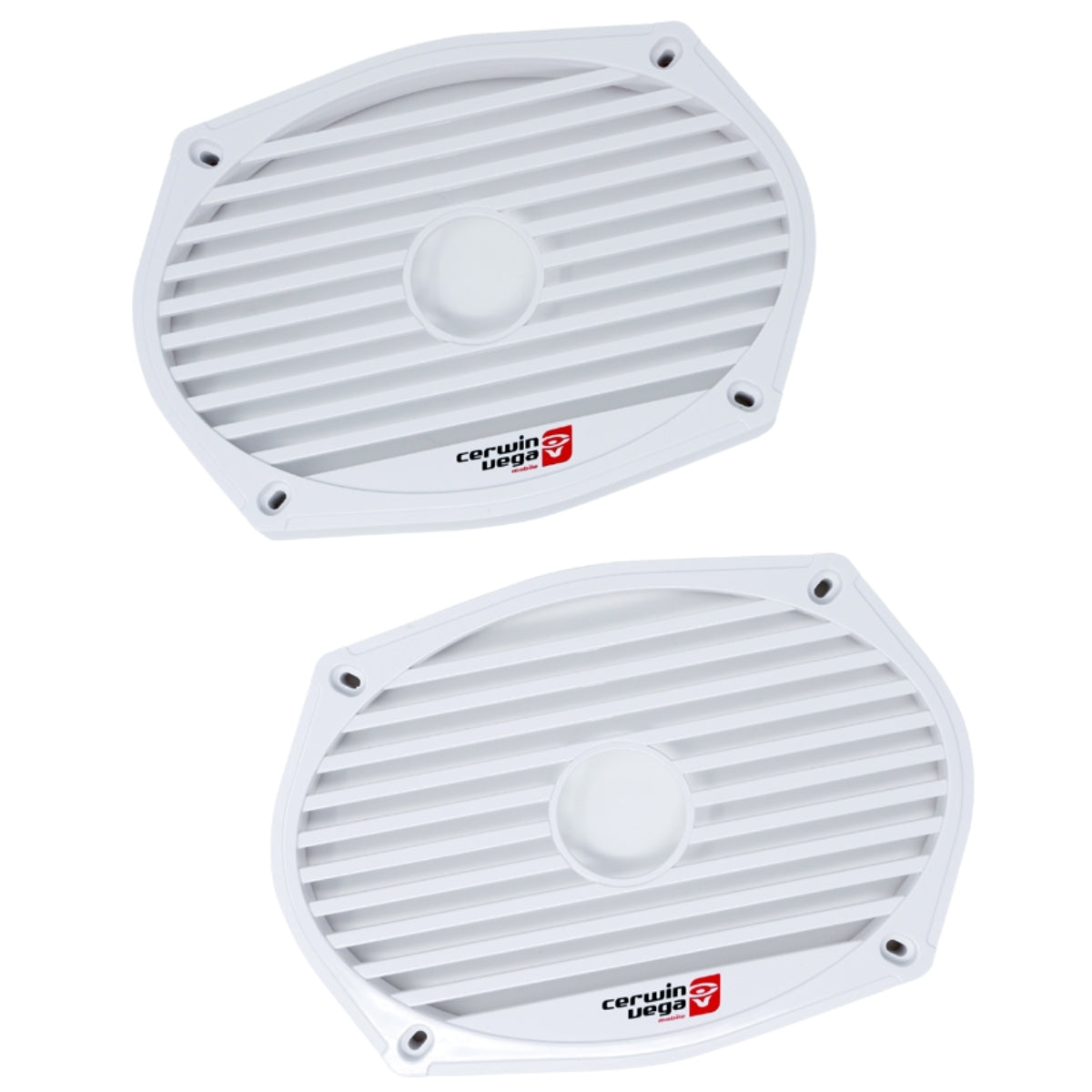 The Cerwin Vega Stroker 6"x9" 2-Way Coax Speakers with Titanium Dome Tweeter (4Ω) feature white oval grilles with horizontal slats, a central element, and four corner screw holes. The Stroker logo and red emblem enhance their high-performance car audio design on a white background.