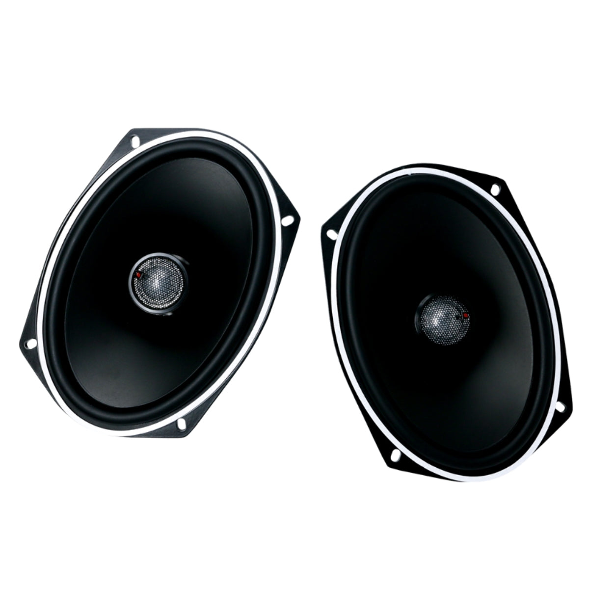 Two Cerwin Vega Stroker 6"x9" 2-Way Coax Speakers with titanium dome tweeters and silver edges are displayed on a white background. The black speakers have central cones with mesh domes, visible mounting holes, and an angled design for easy installation.