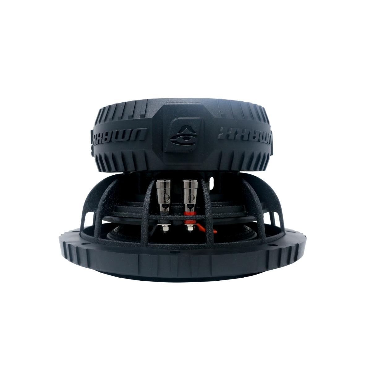 The VMAXX 8" DVC High-Performance Subwoofer (4Ω) - VMAX8D4 is a black Cerwin Vega subwoofer perfect for car audio enthusiasts. It features a rugged design with a solid top casing, engraved text and logo, ribbed base, visible connectors with red and black wires for powerful audio output.