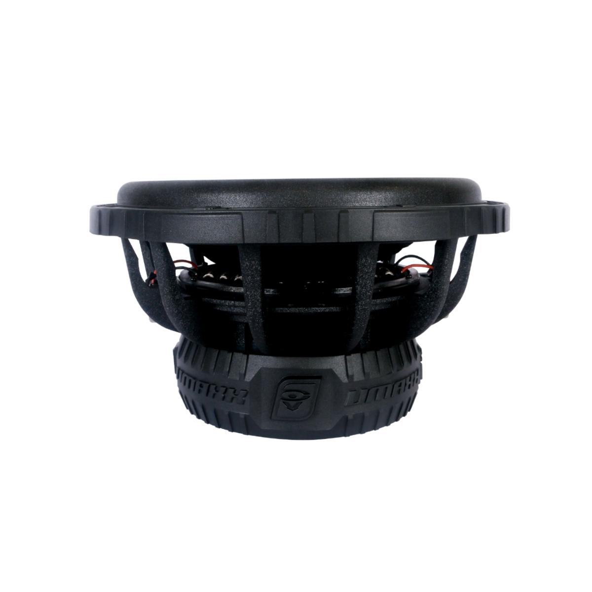 The side view of the black VMAXX 8" DVC High-Performance Subwoofer (4Ω) - VMAX8D4 showcases a ribbed circular frame and textured outer ring. Ideal for car audio enthusiasts, it has a recessed central cone with exposed magnets and wiring. Its robust design includes a ridged base with an embossed geometric logo.