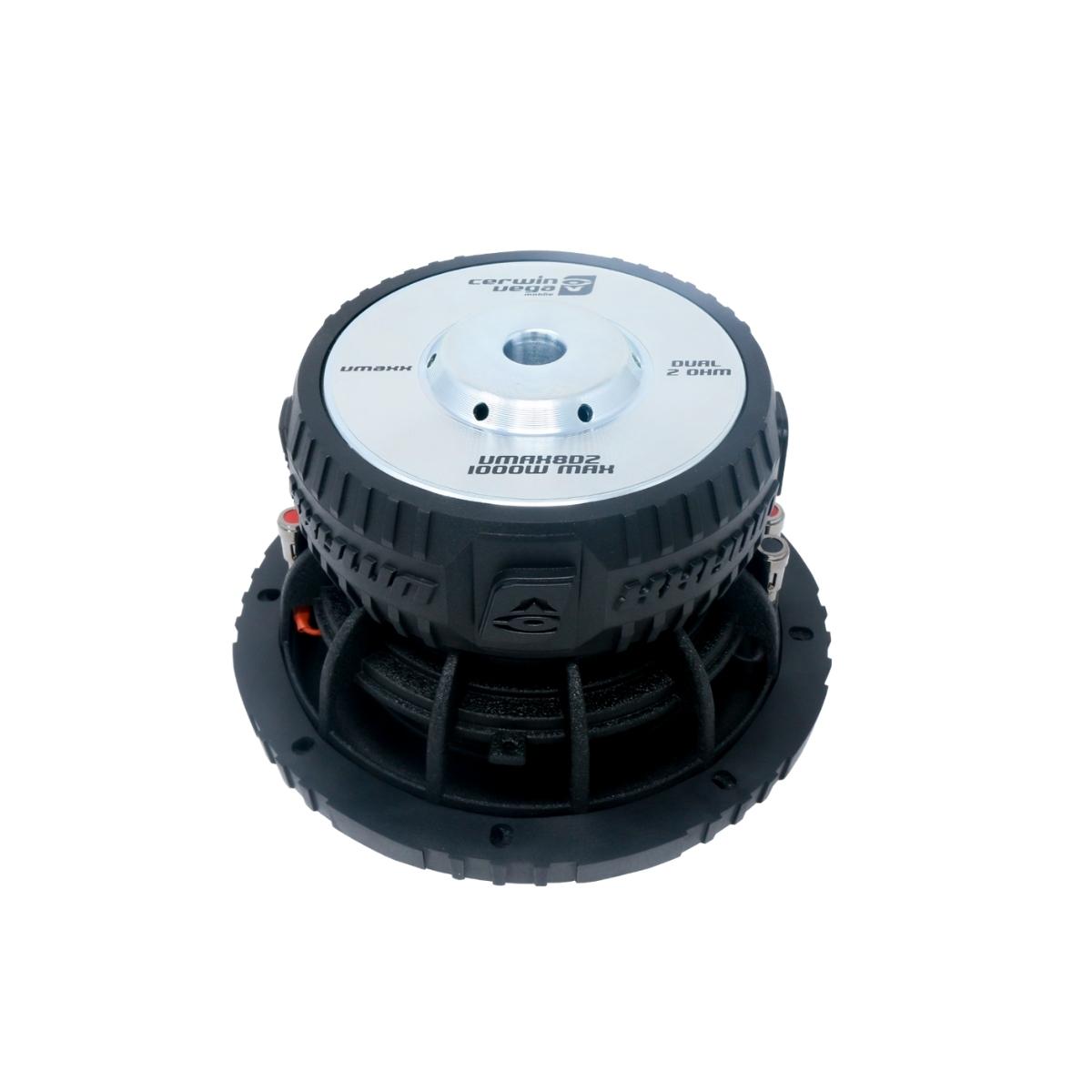 The image features a VMAXX 8" DVC High-Performance Subwoofer (2Ω) - VMAX8D2, displaying its silver top plate with branding and black ribbed body. Its circular design and red/black connectors highlight robust construction for enhanced car audio performance.