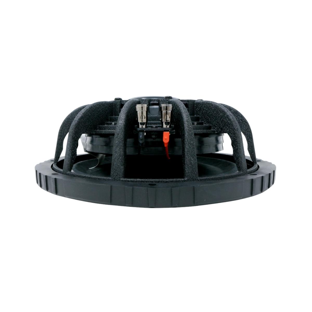 Side view of the VMAXX 10" DVC Shallow Subwoofer (4Ω) - VMAXS104, featuring a circular frame, visible connections, multiple vertical supports around its center, and red/black terminals for easy connectivity—ideal for car audio systems.
