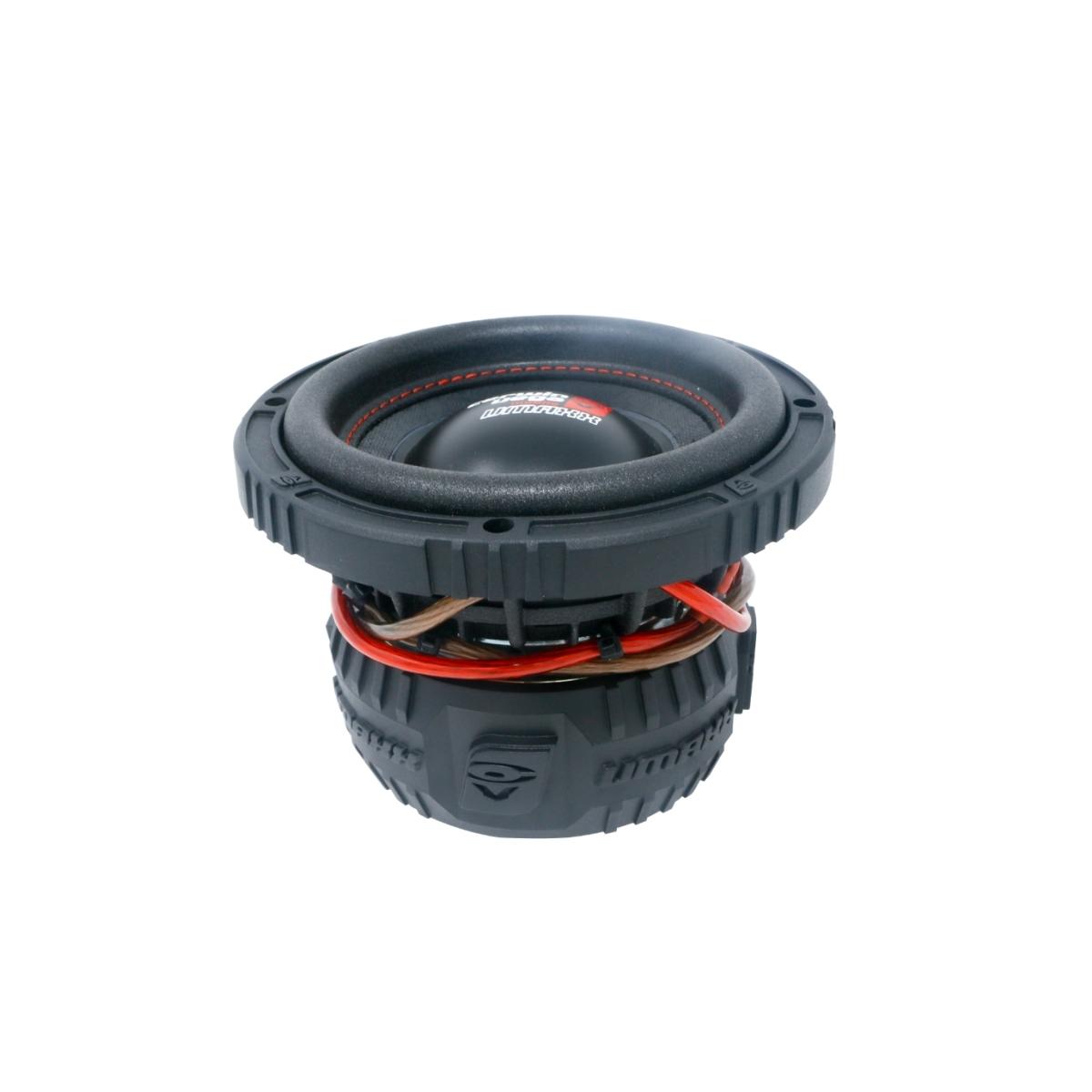 The VMAXX 6.5" DVC High-Performance Subwoofer (2Ω) - VMAX65D2 by Cerwin Vega features a circular cone with a central logo, red and black wires at the base, grooved outer rim, and rugged textured design—ideal for car audio enthusiasts seeking durability.