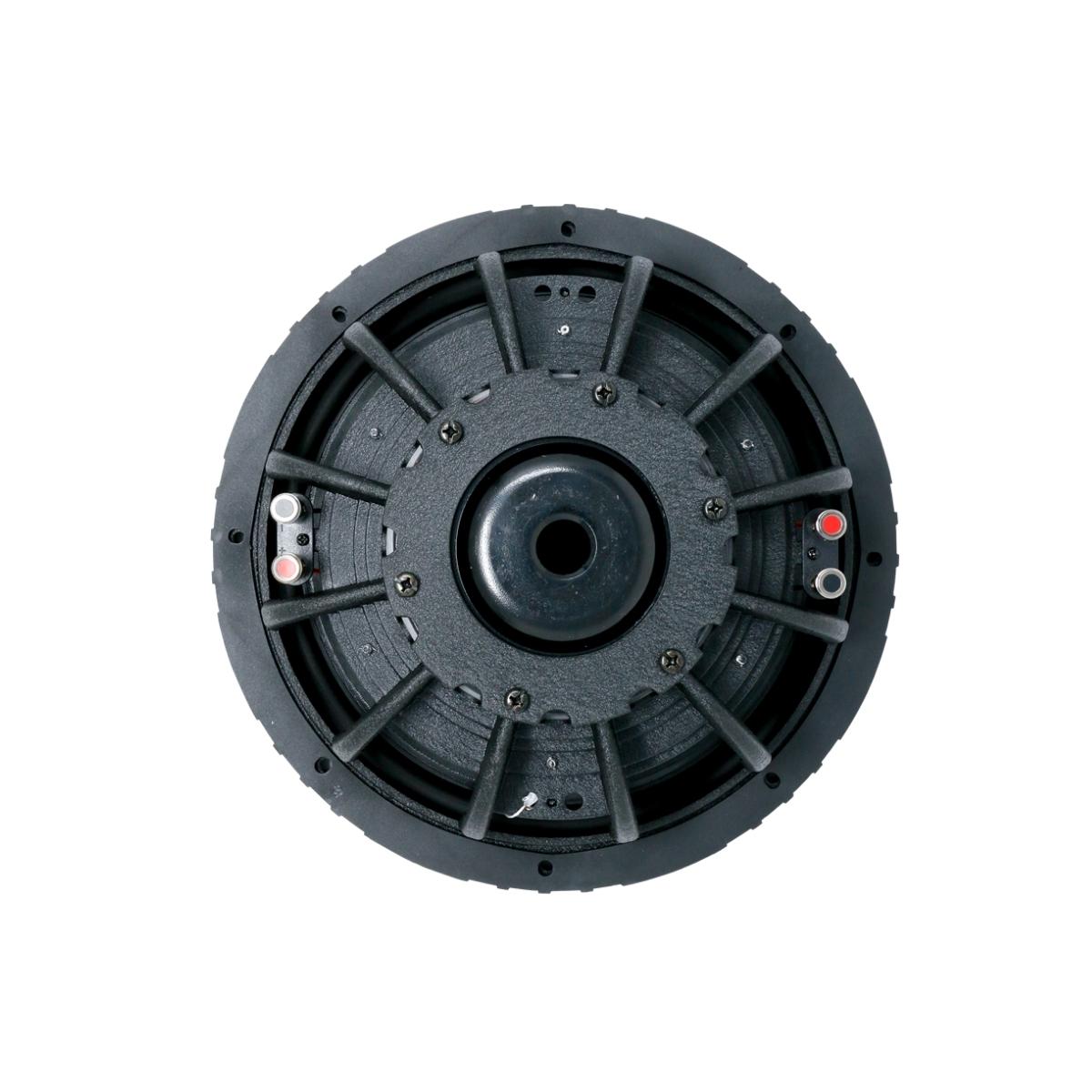 Top view of the black VMAXX 10" DVC Shallow Subwoofer (4Ω) - VMAXS104, reminiscent of Cerwin Vega subwoofers, showcases a central dome and circular ridges. A robust frame with red and gray-accented connectors enhances its industrial design, ideal for any car audio setup.