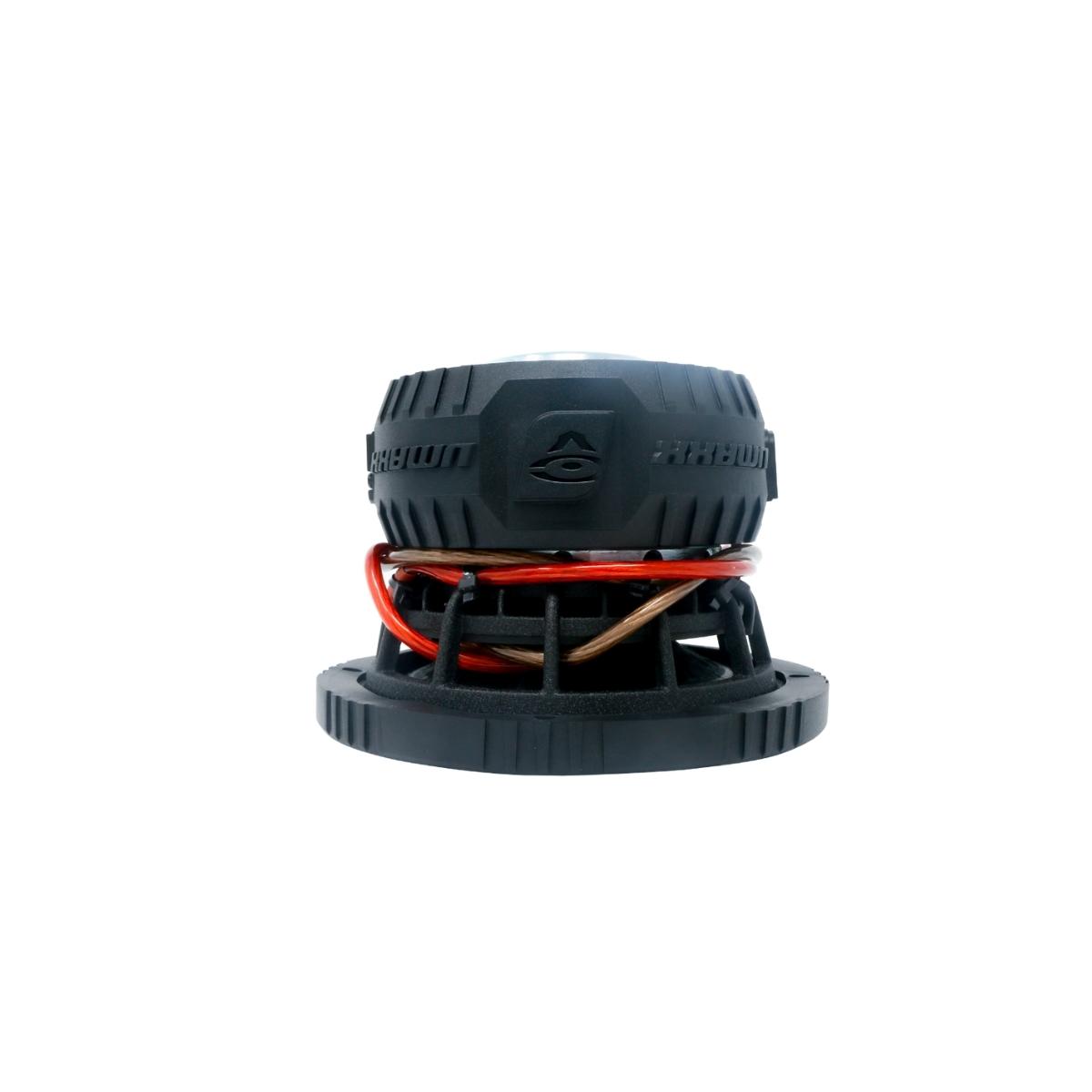The VMAXX 6.5" DVC High-Performance Subwoofer (2Ω) - VMAX65D2 boasts a black cylindrical body with a ribbed design, coiled red and black wires at its base, and sits on a supported round platform, offering a rugged industrial appearance ideal for car audio fans.