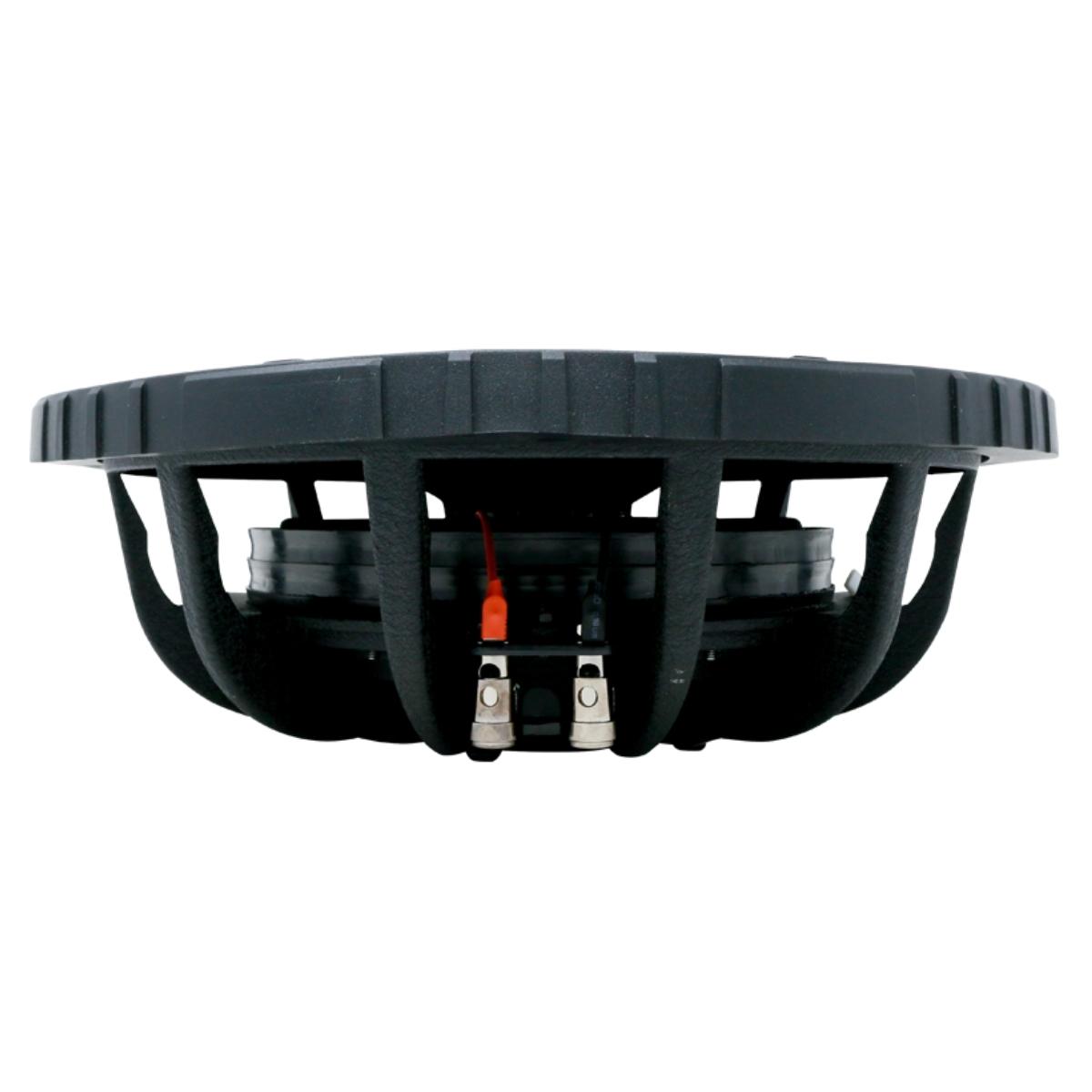 The side view of a black VMAXX 12" DVC Shallow Subwoofer (2Ω) - VMAXS122 showcases its circular frame and multiple supporting spokes. Designed for car audio enthusiasts, it offers powerful bass, compactness, durability, a low-profile design, and two metal terminals at the base.