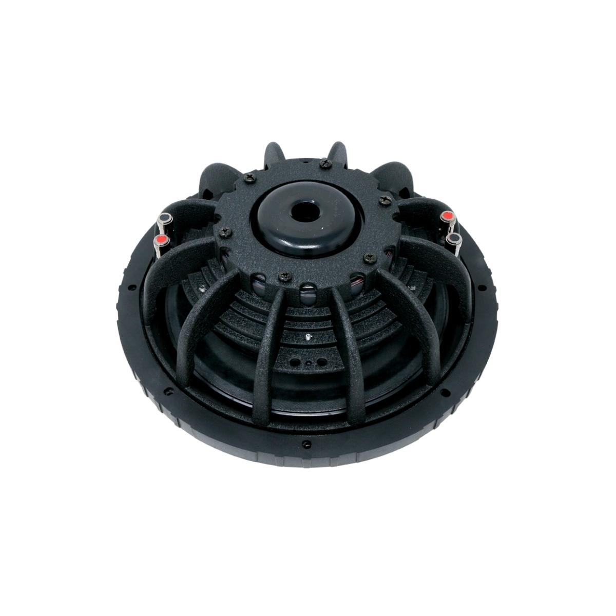 The image displays a VMAXX 10" DVC Shallow Subwoofer (4Ω) - VMAXS104, featuring a black, circular design with a central cone, radial fins, and red and black terminals. The robust structure and intricate surface details make it perfect for car audio enthusiasts against a white background.