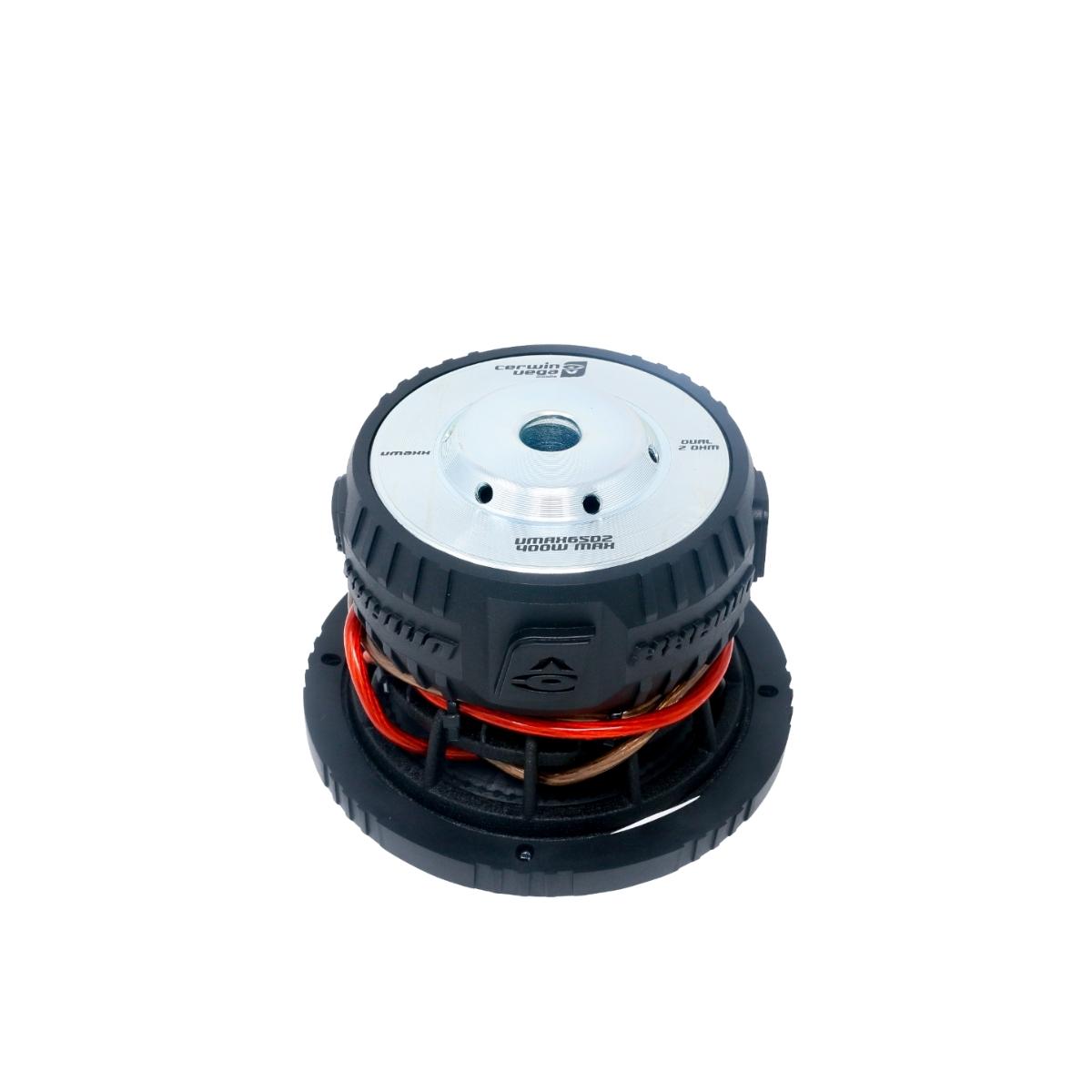 Close-up of the VMAXX 6.5" DVC High-Performance Subwoofer (2Ω) - VMAX65D2, a round, black and silver audio component ideal for car enthusiasts. Features a metallic cover with inscriptions, red and black wires around the middle, circular side ridges, all against a white background.