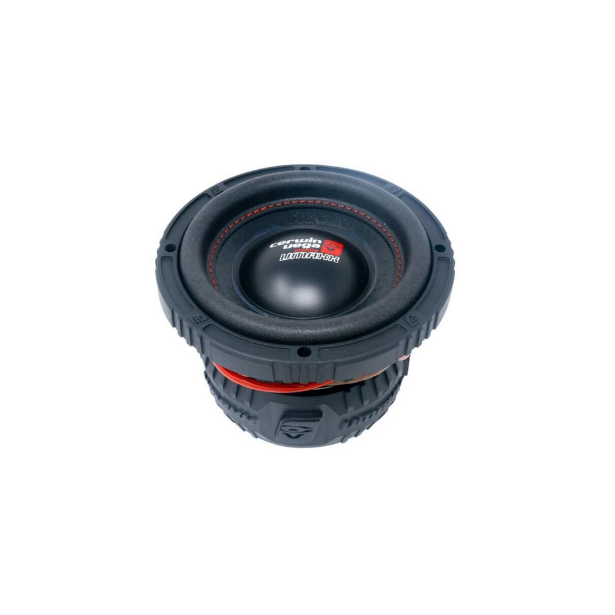 The VMAXX 6.5" DVC High-Performance Subwoofer (2Ω) - VMAX65D2, in black and red, features a rugged, ribbed design on the central cone with a robust outer casing and visible bolts. This subwoofer is ideal for car audio enthusiasts against a plain white background.