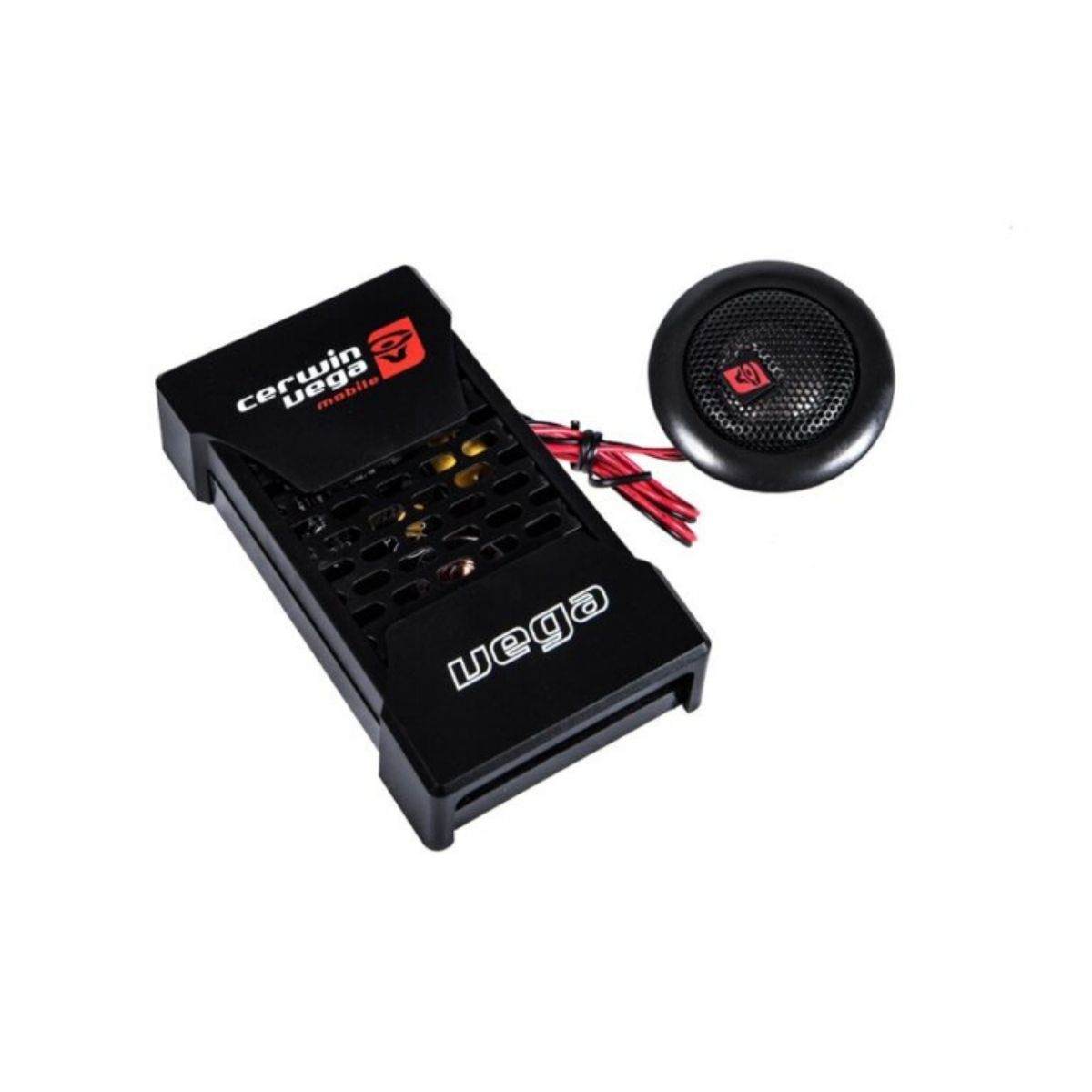 The image displays a black rectangular device and a round speaker from the Vega Series 6.5" 2-Way Component Speaker Set - V465C. Adorned with a red and white label, "Vega" is in white on one corner. Both items have red and black wires against a plain white background.